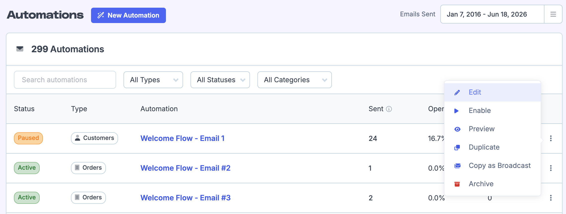 Automation detail page showing the automation workflow steps