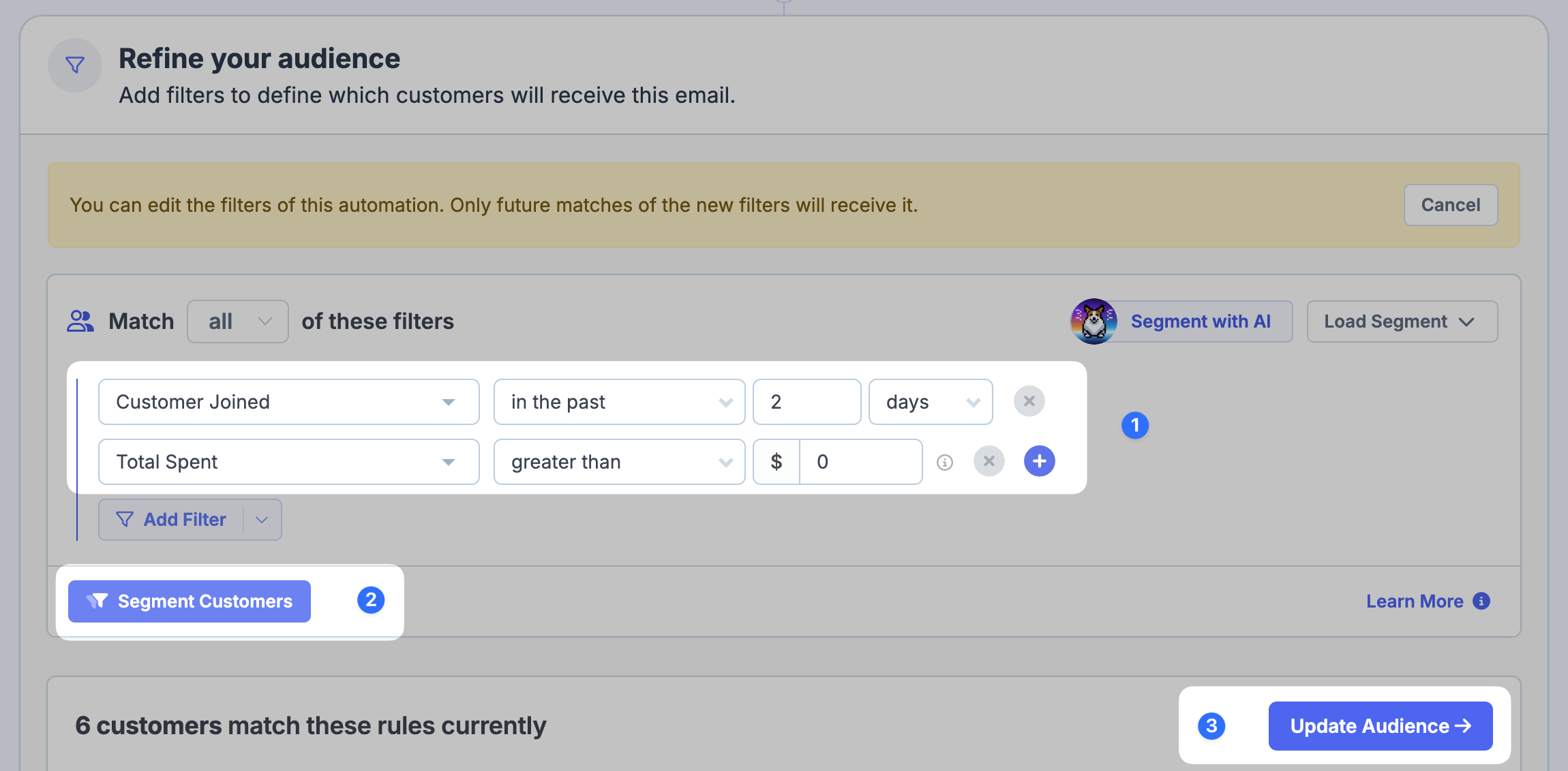 Segment rule editor with updated audience filters