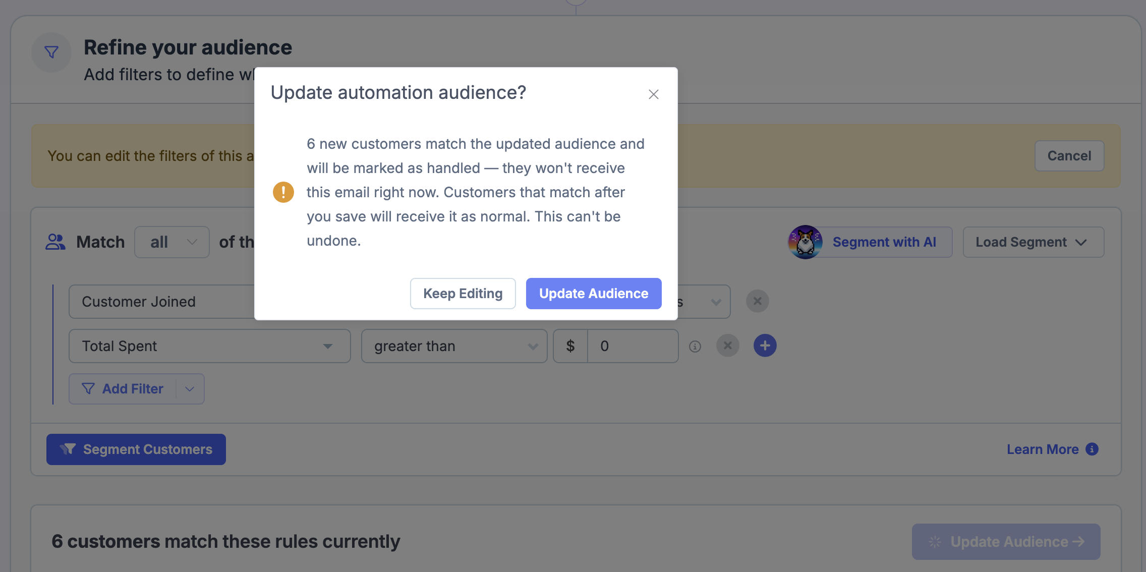 Save and Continue button with confirmation prompt about audience changes
