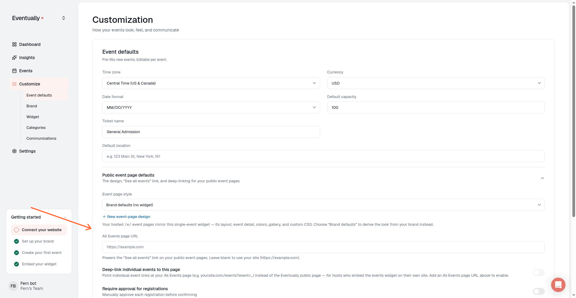 Event Defaults page showing the Public event page defaults section with Event page style picker, All Events page URL field, and Deep-link toggle
