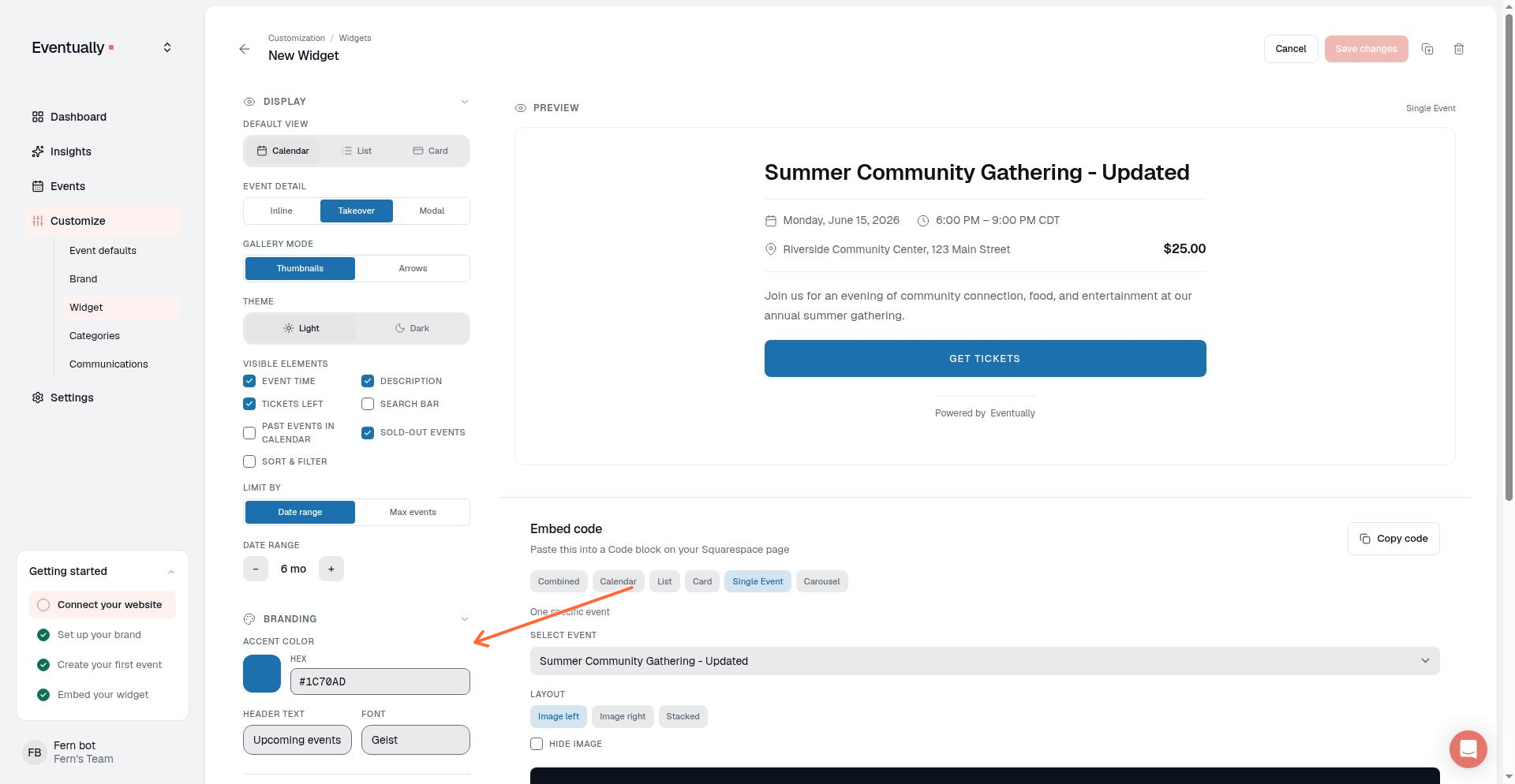 Widget builder Branding tab showing accent color picker and Border Radius slider