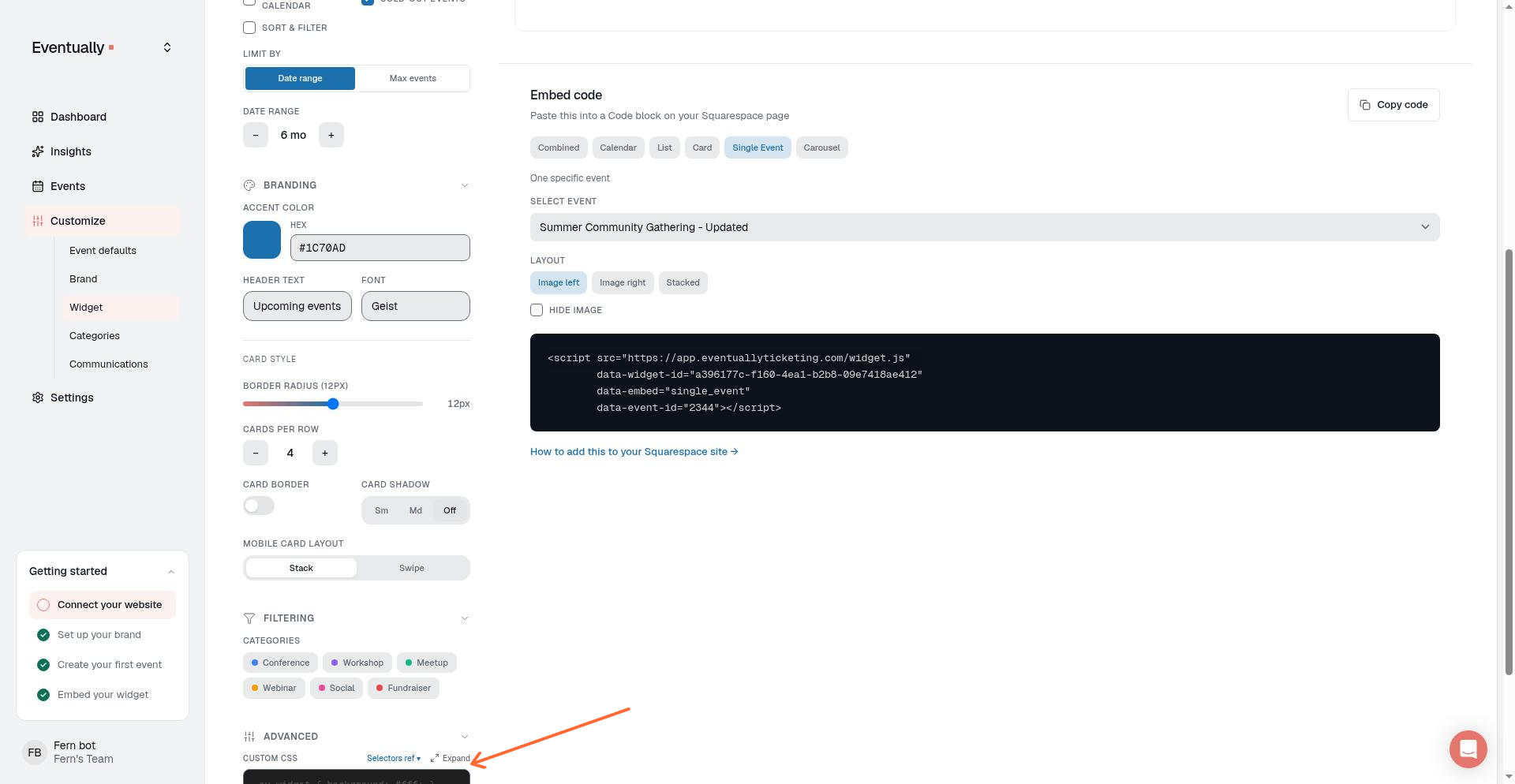 Widget builder Advanced tab showing custom CSS textarea