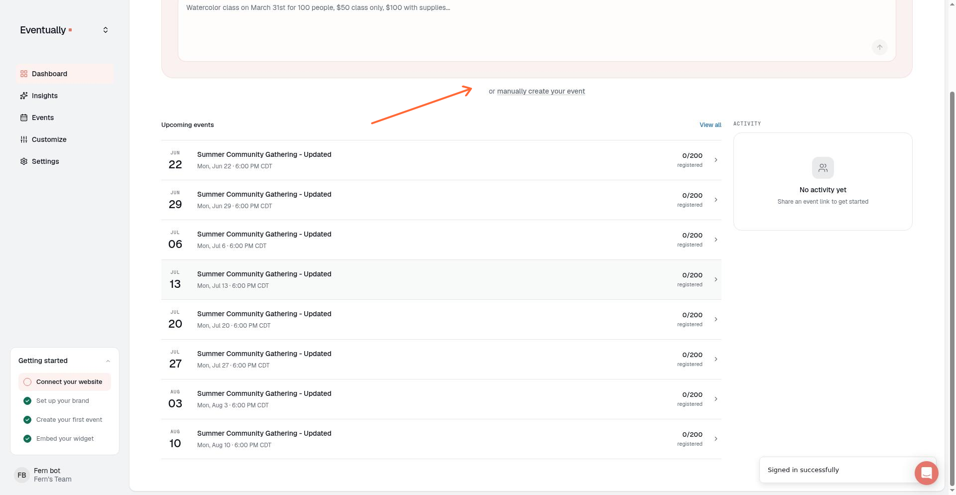 Eventually dashboard showing the manually create your event button