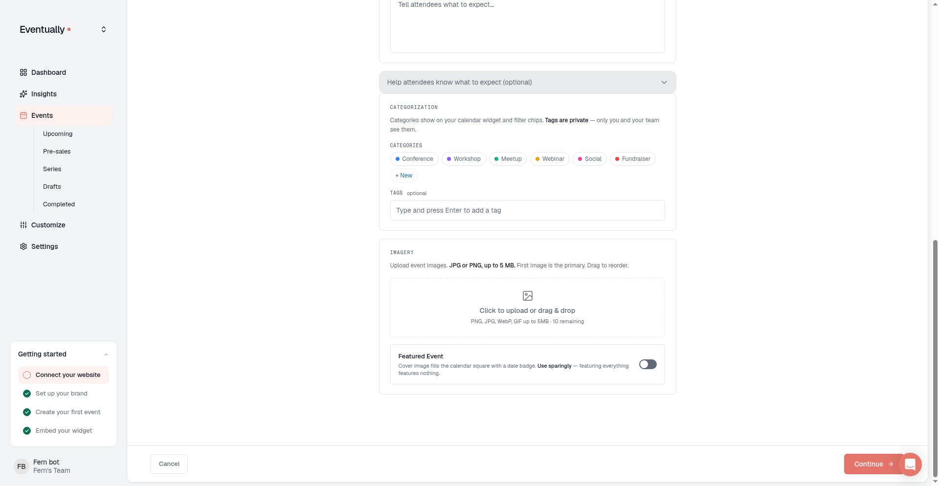 Event wizard Step 1 Details page showing event name, date and time, venue, address, format, and description fields