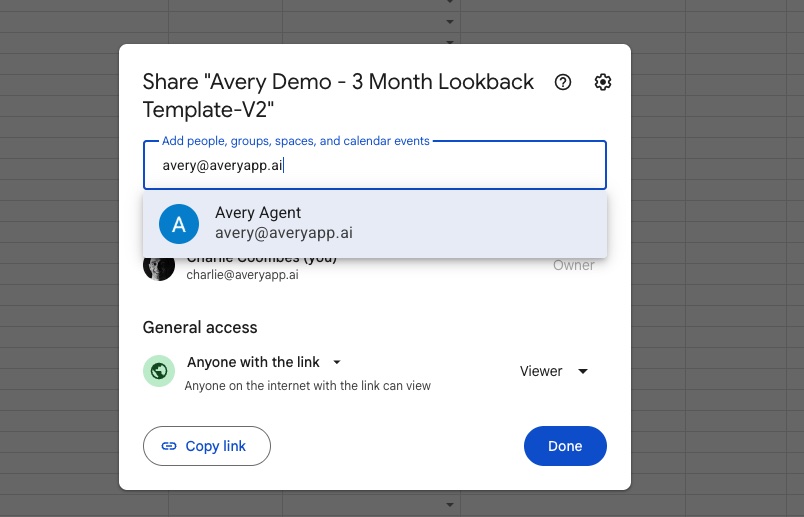Google Sheets sharing dialog with avery@averyapp.ai typed in the Add people field and Avery Agent suggested