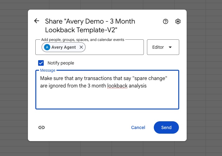Google Sheets sharing dialog showing a message typed in the Message box with instructions for Avery