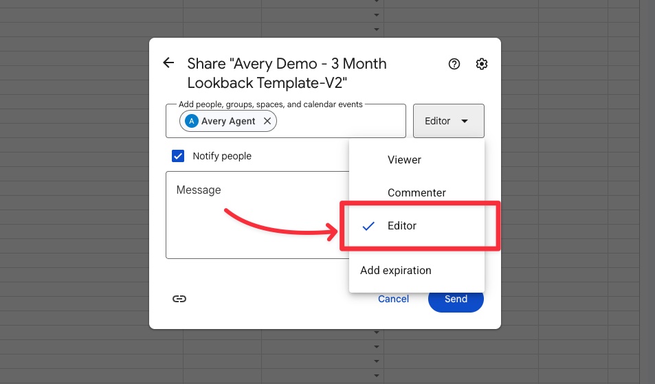 Google Sheets sharing dialog permissions dropdown open with Editor highlighted by a red arrow