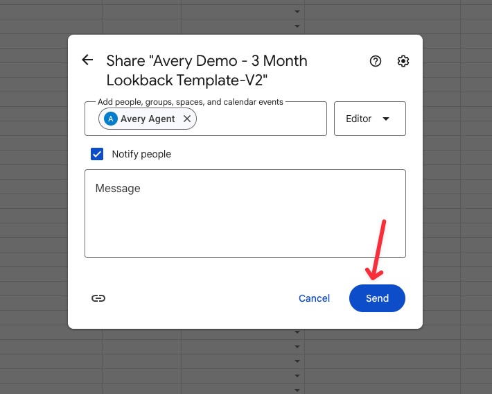 Google Sheets sharing dialog showing Avery Agent added as Editor with a red arrow pointing to the Send button