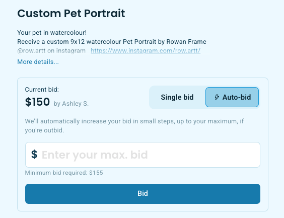 Auction item page showing the Auto-bid option with an input field for entering a maximum bid amount