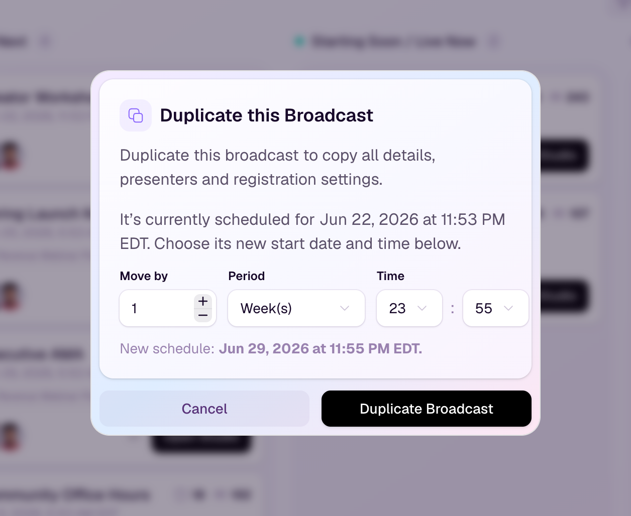 Duplicate Broadcast dialog with date offset and time selector