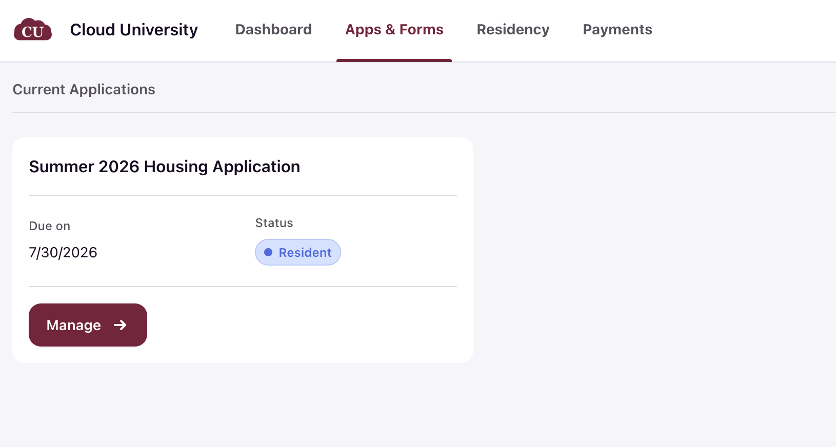 Student portal Apps and Forms page showing the Cloud University branded navigation and application card