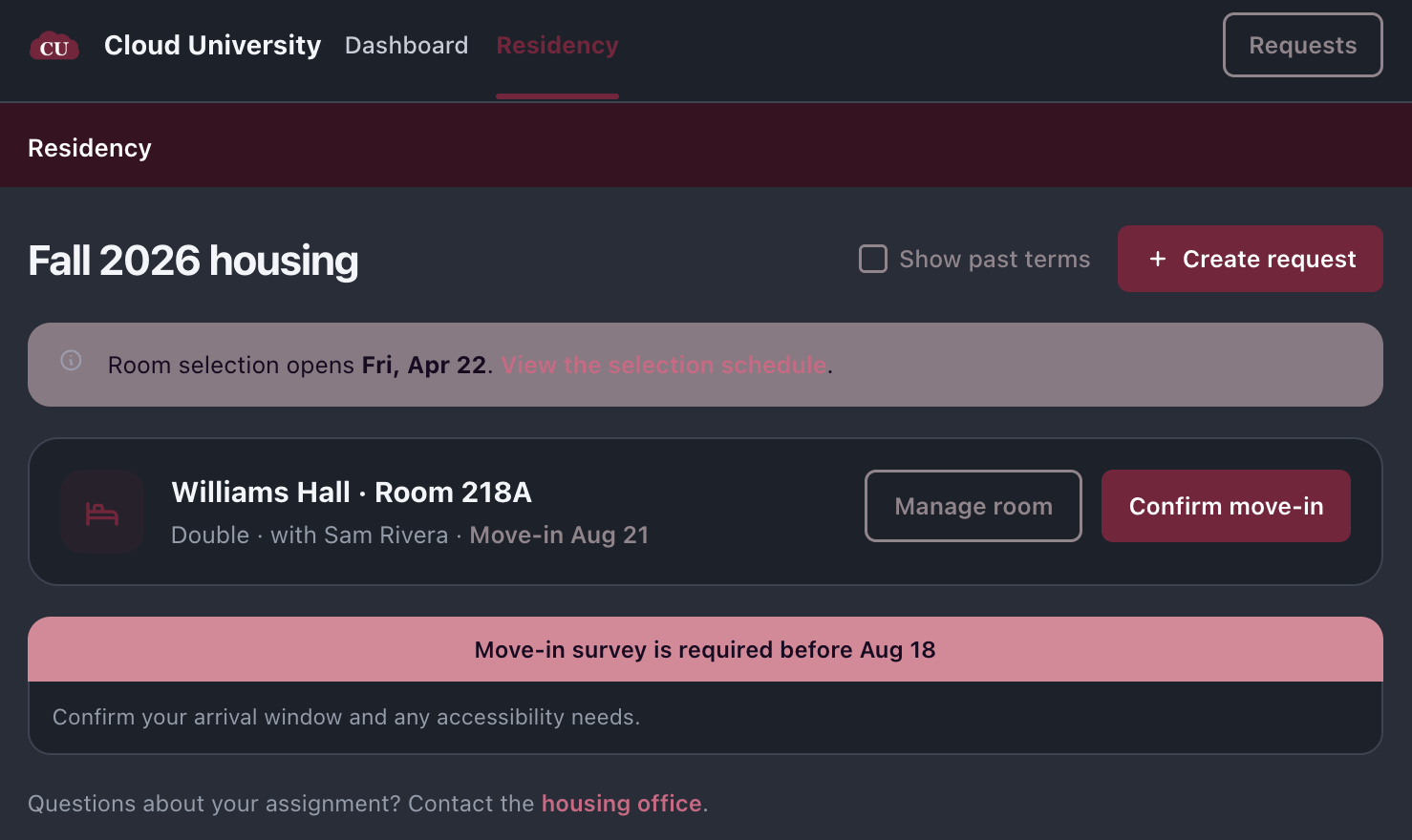 Student portal Residency page in dark mode showing the Cloud University logo and branded colors
