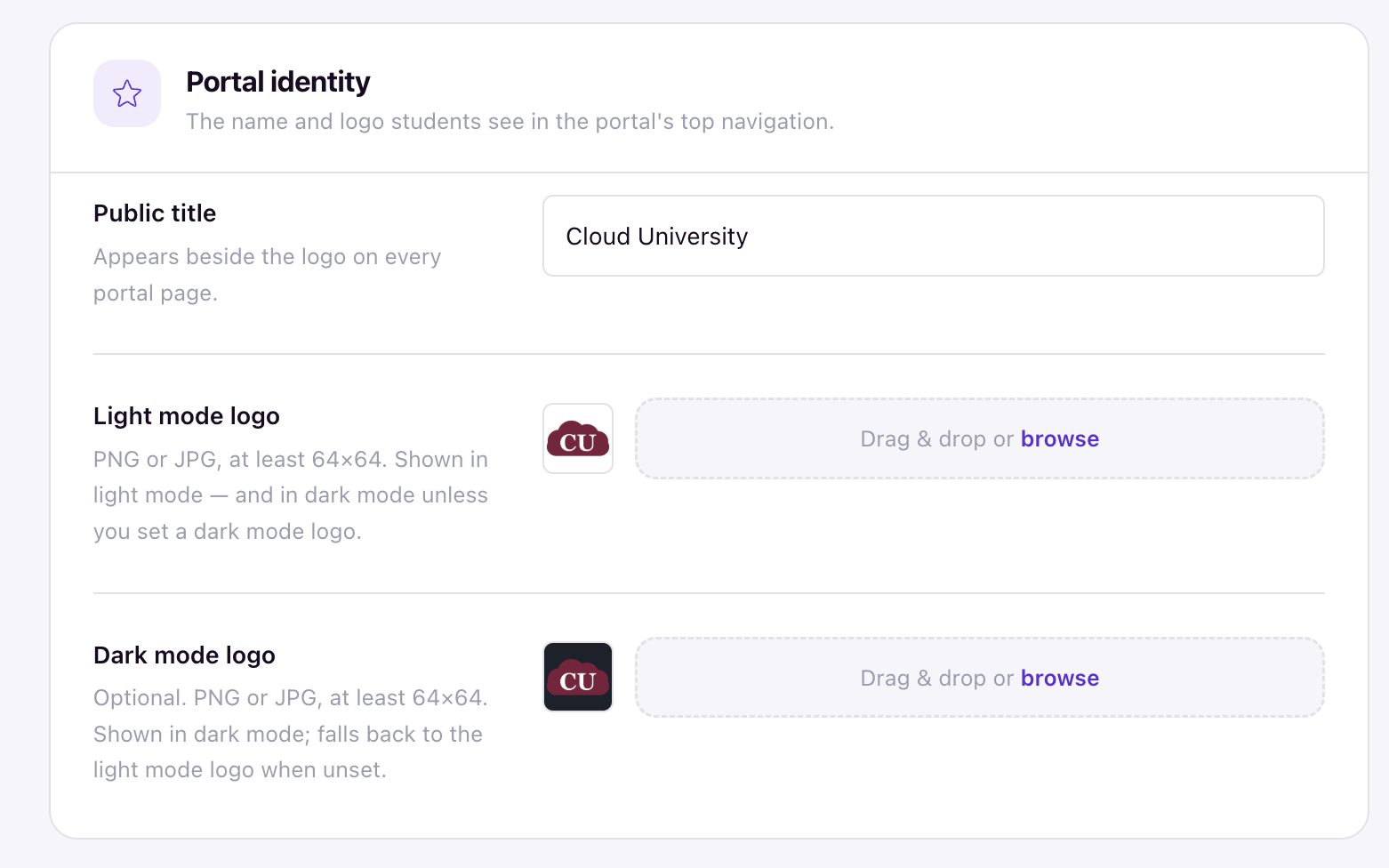 Portal identity fields showing Public title, Light mode logo upload, and optional Dark mode logo upload