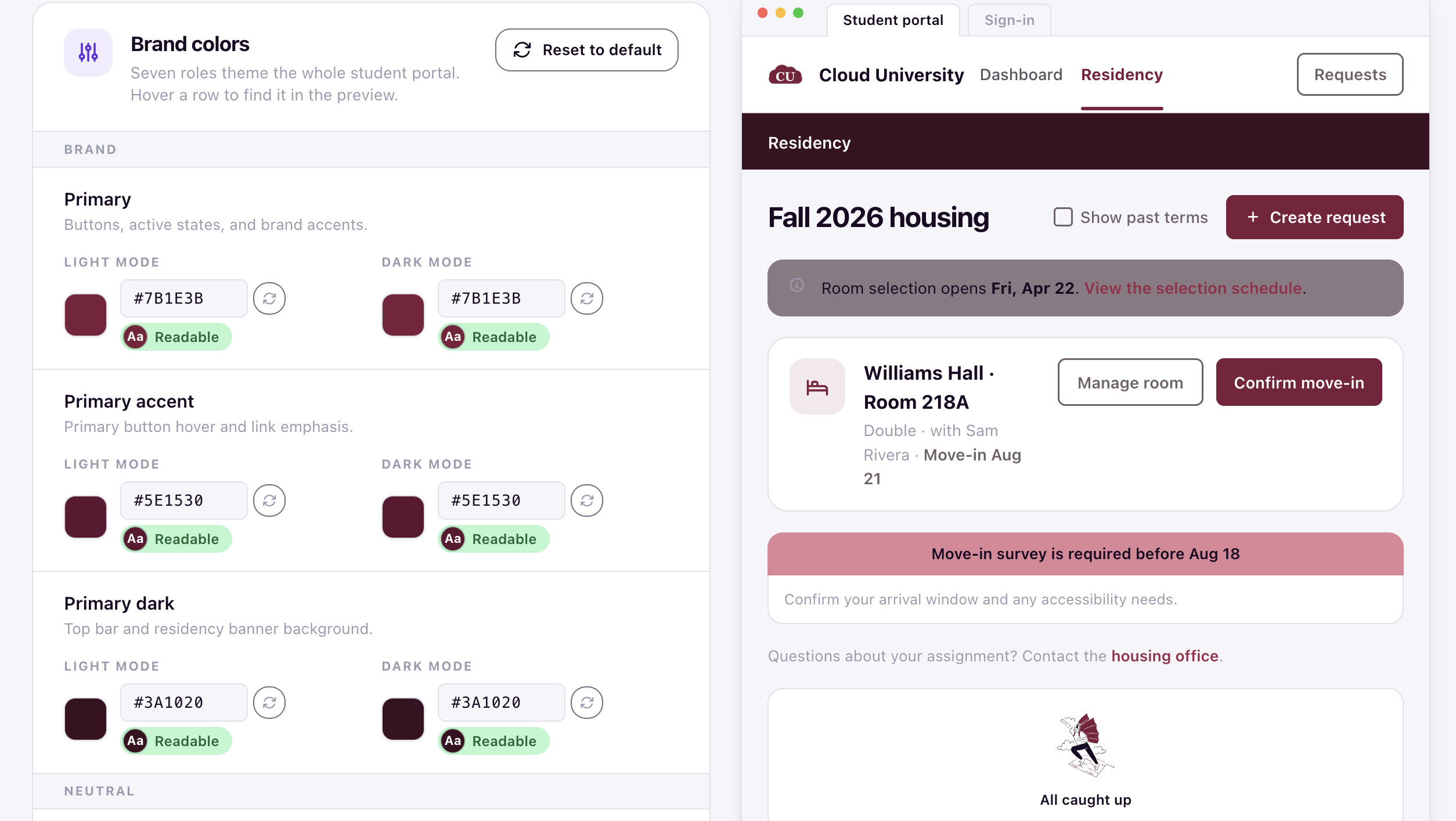 Brand colors table showing Primary, Primary accent, and Primary dark tokens with Light mode and Dark mode values next to the live student portal preview
