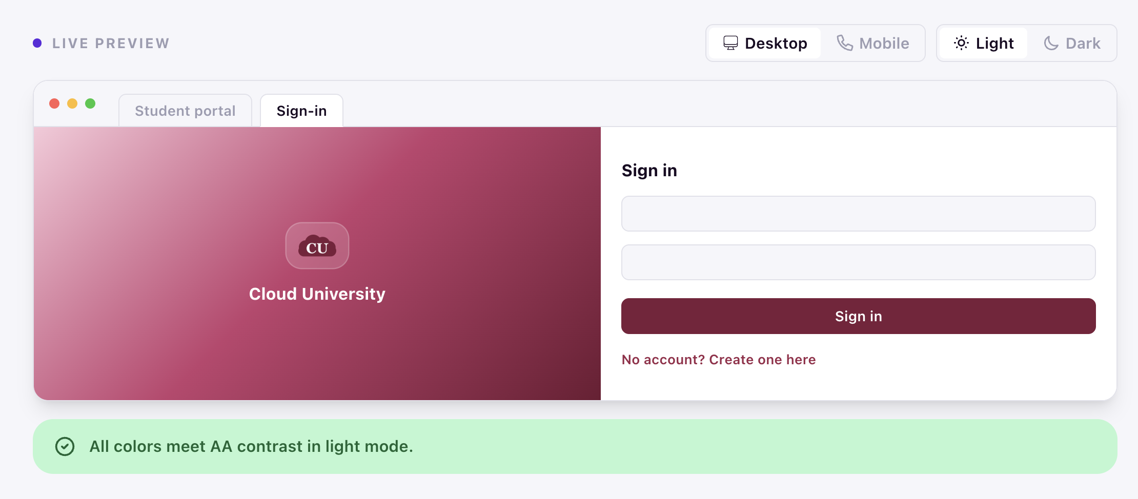 Live preview showing the sign-in page in Desktop and Light mode with an accessibility contrast check message