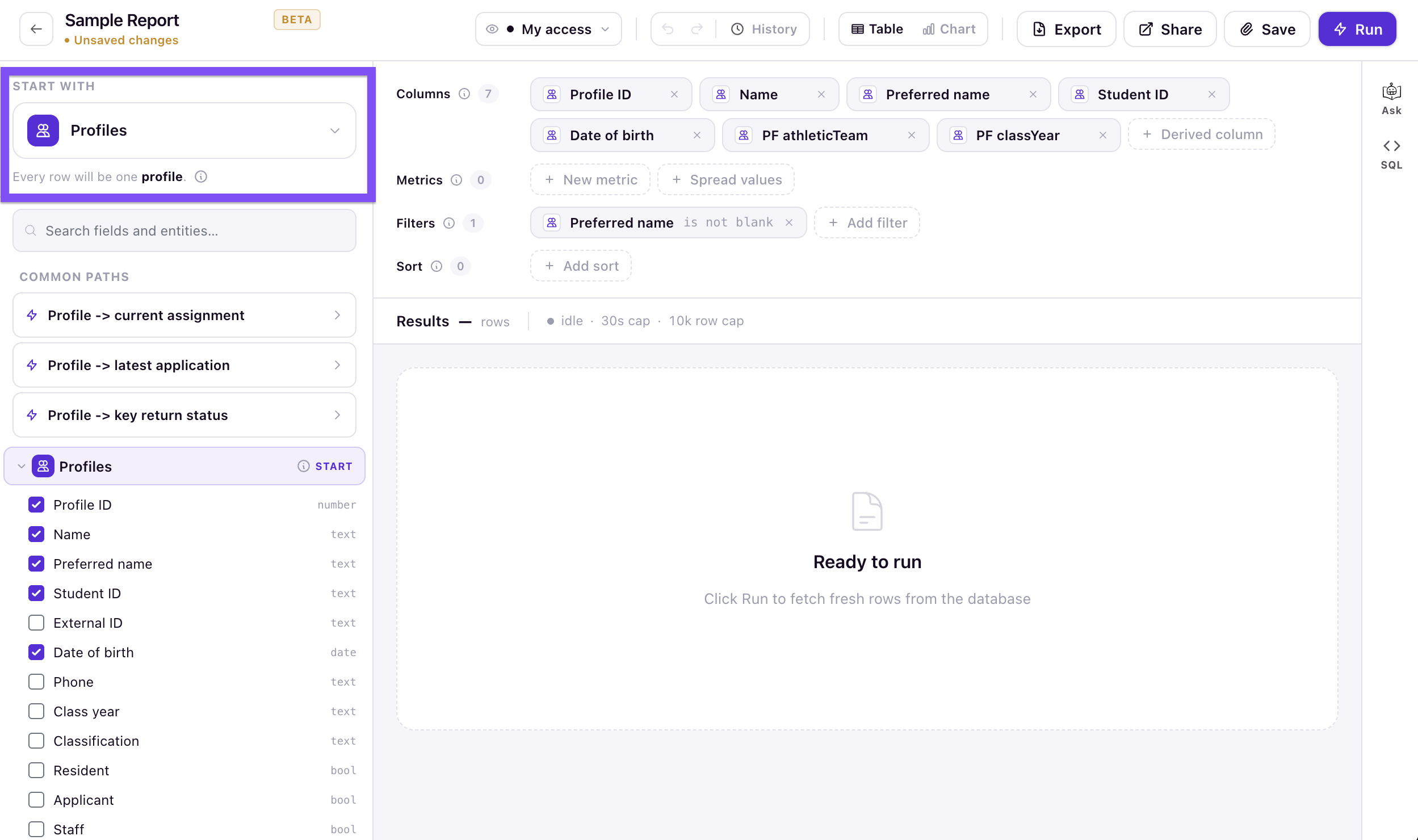 The report builder with its three areas