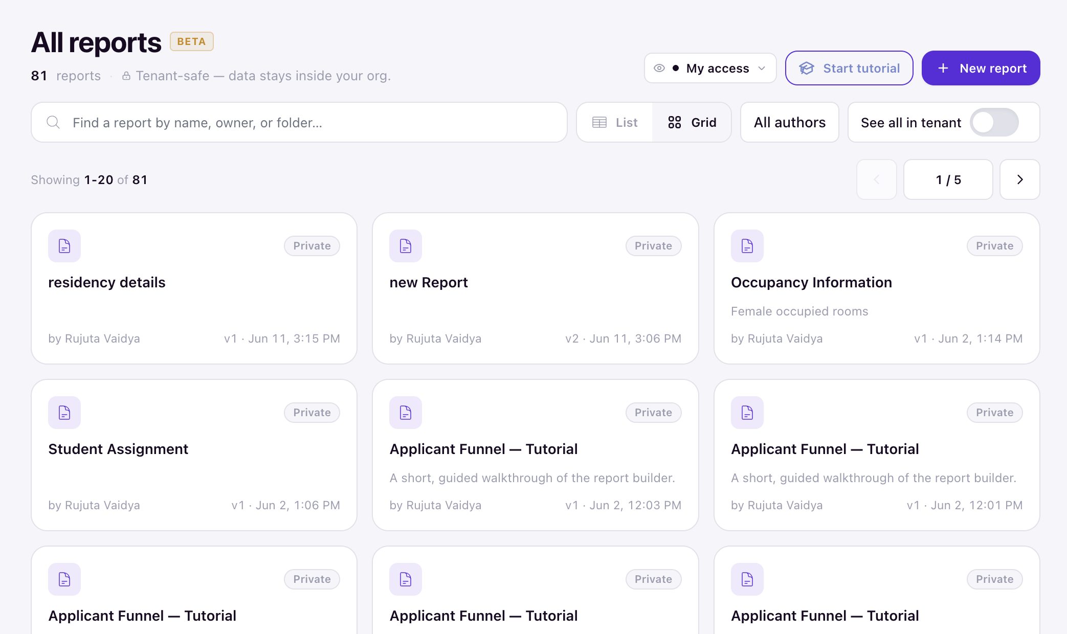 The report library grid showing report cards