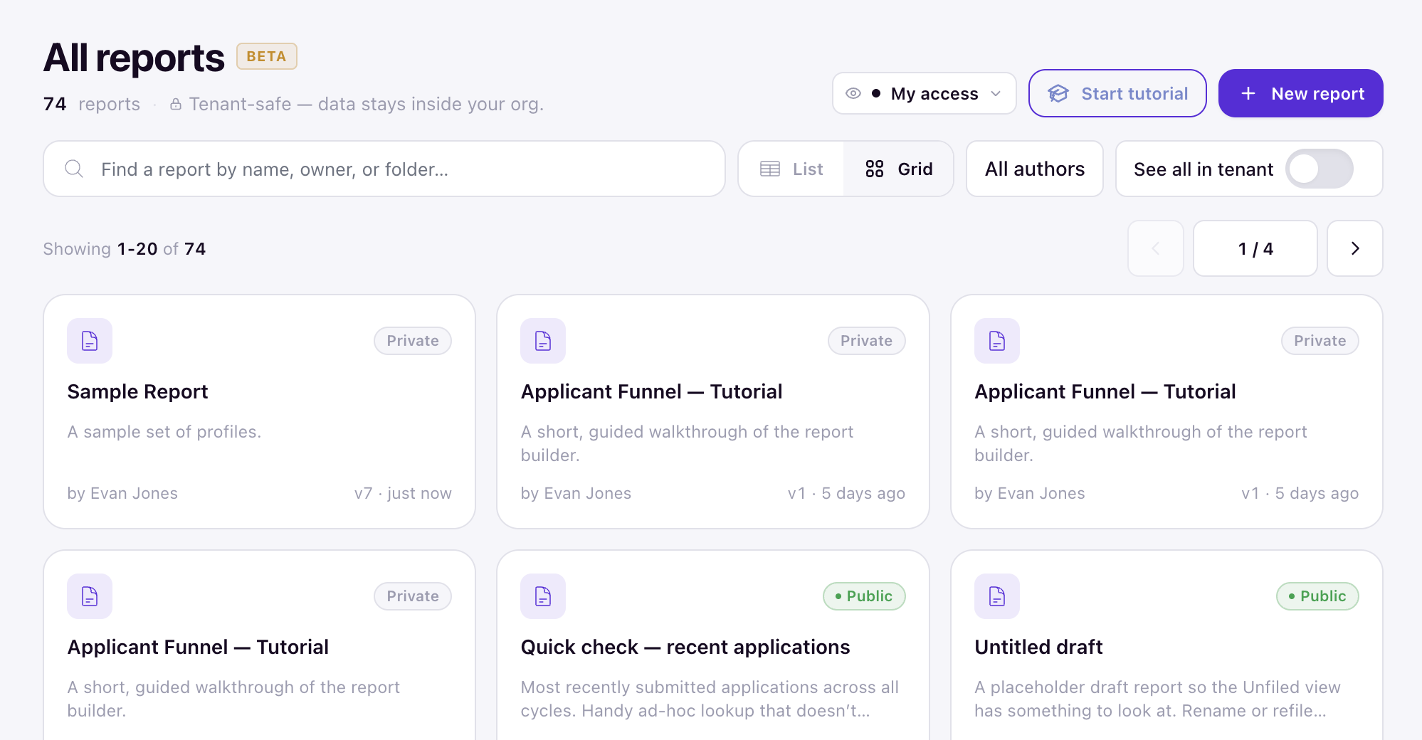 Search box and filters in the report library