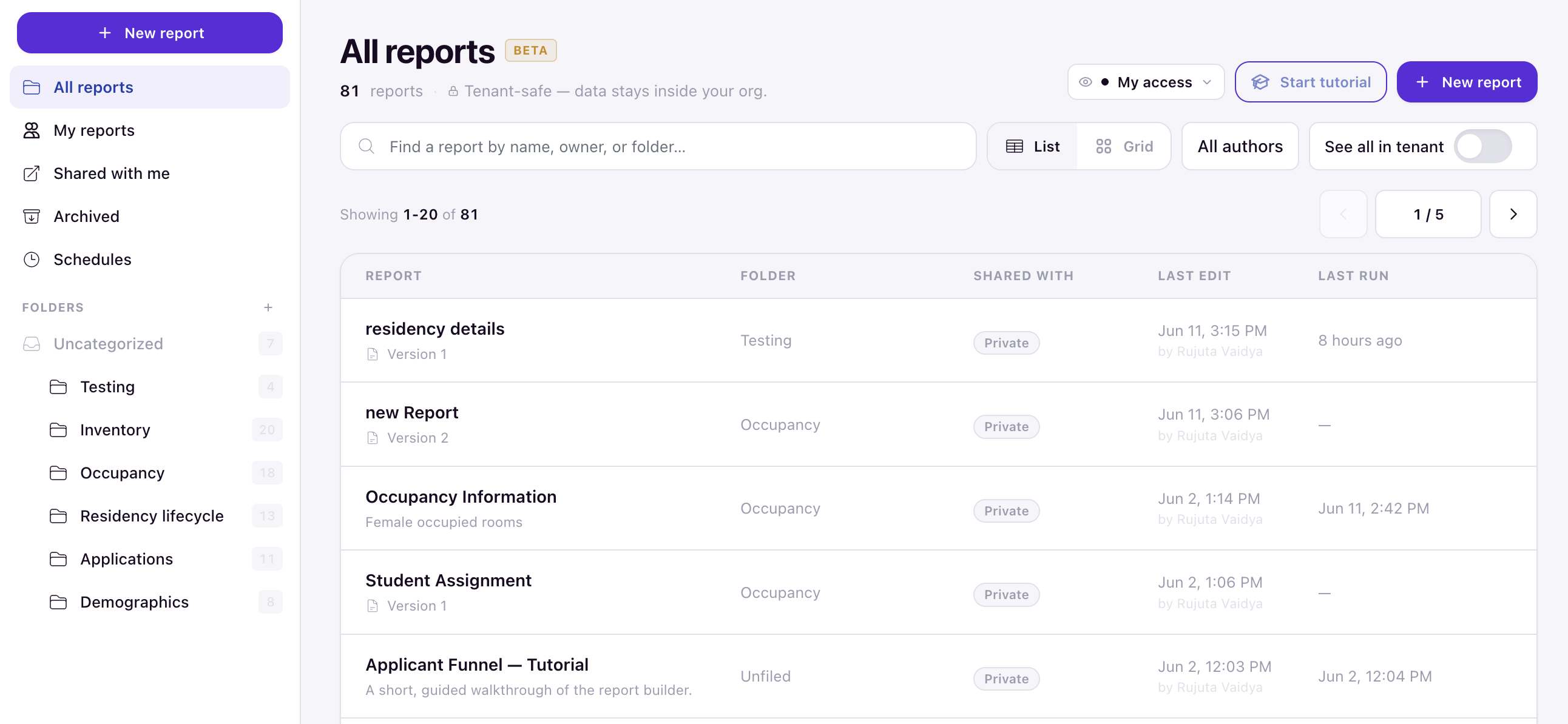 The left navigation showing folders and the Start tutorial button