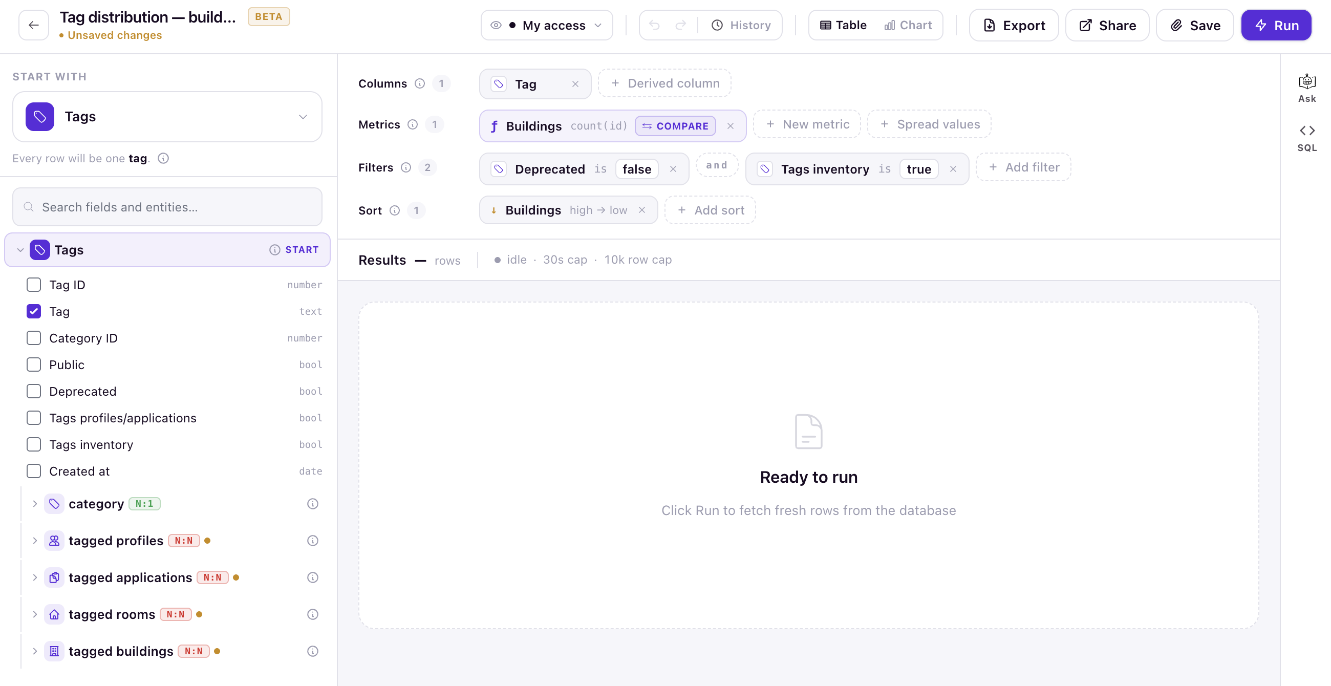 A report ready to run with the Run button highlighted