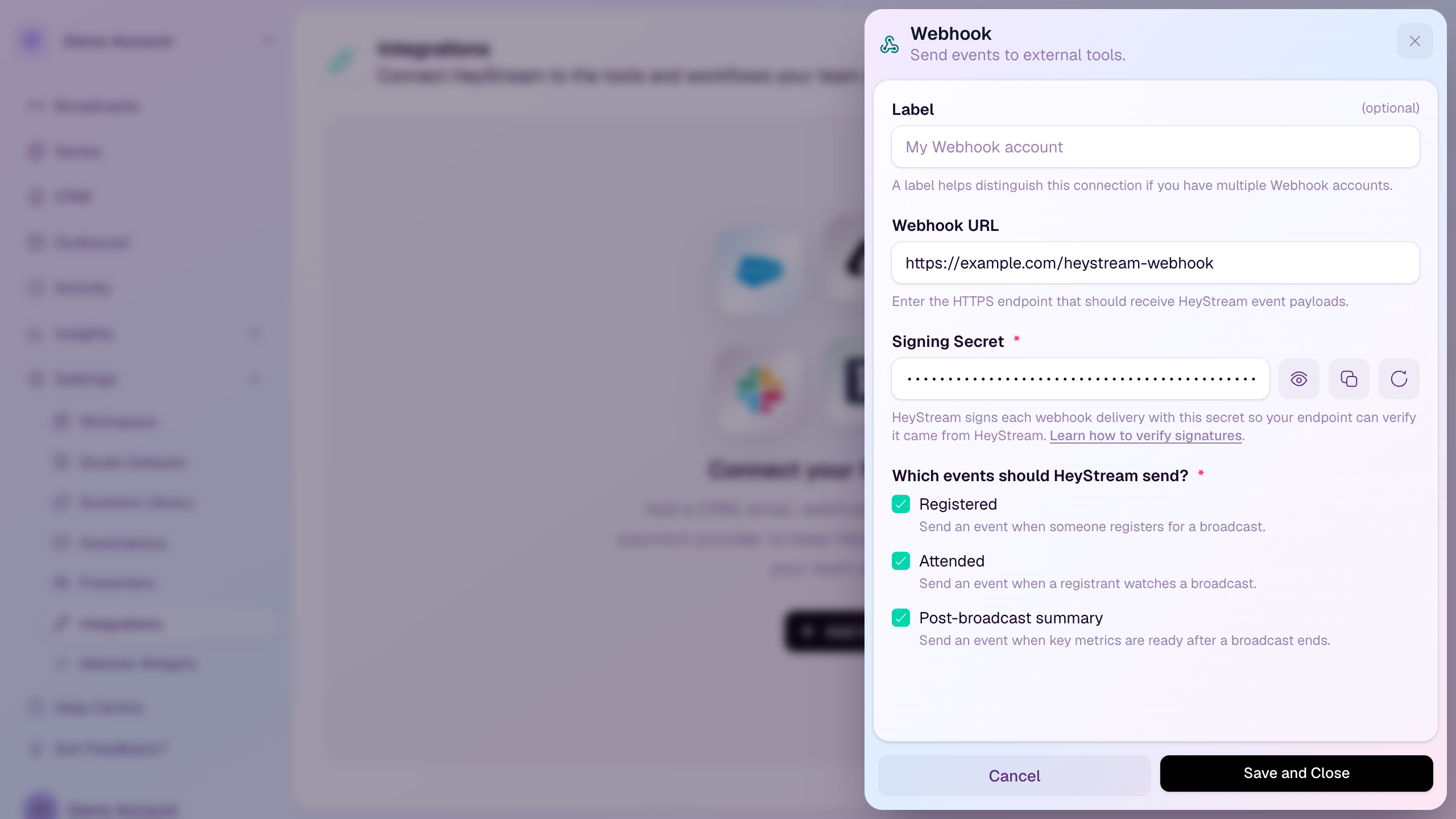 Webhook setup drawer showing the URL field and event choices
