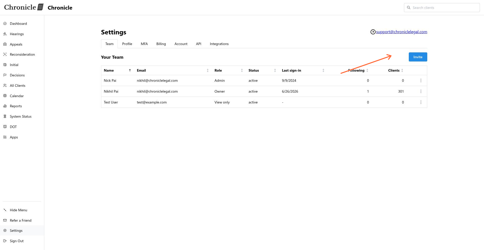 The Team settings page with the Invite button highlighted.