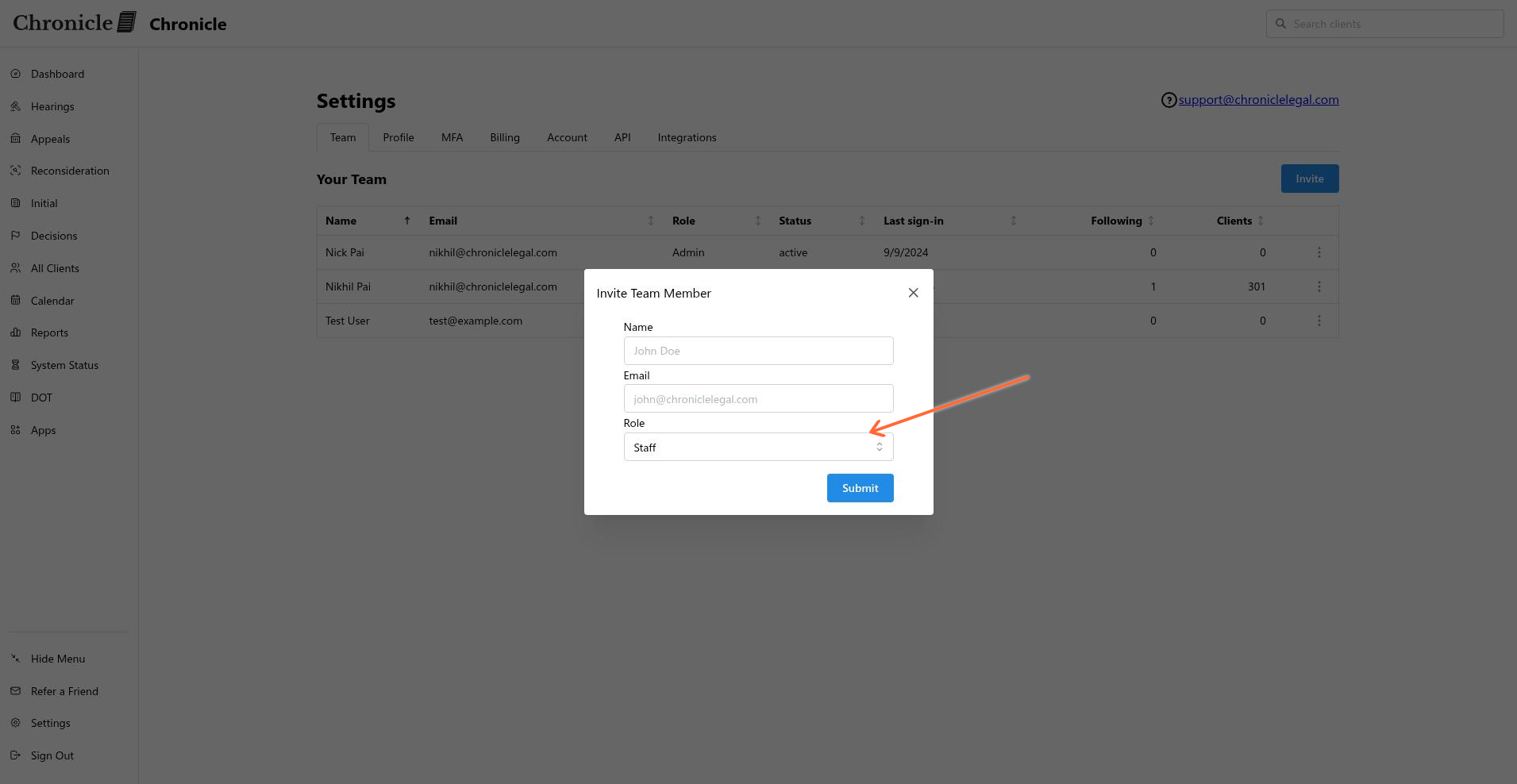 The Invite Team Member modal with the Role field highlighted.