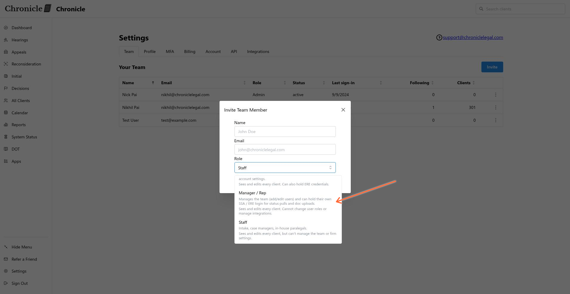 Available roles in the Role dropdown.
