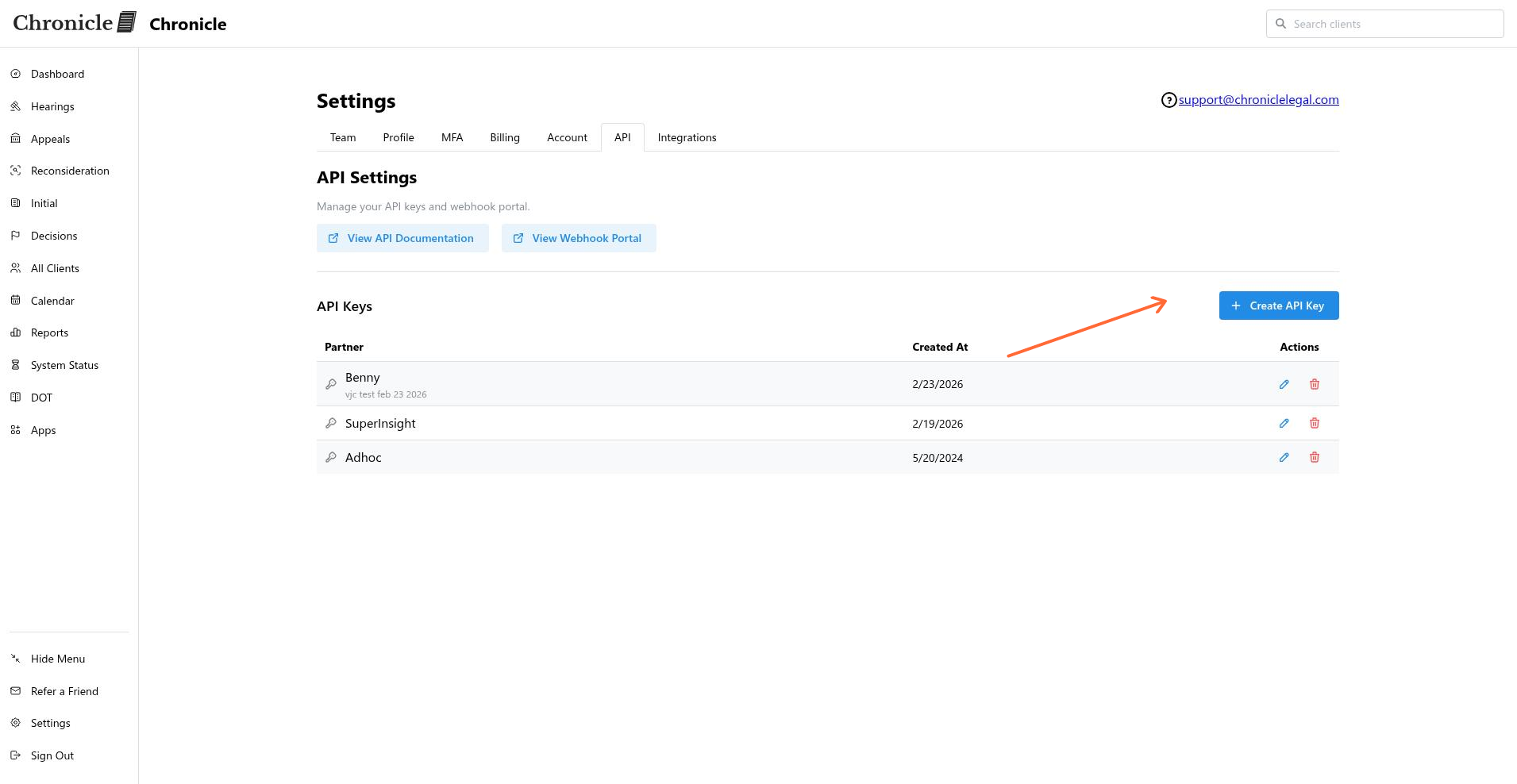 Create API Key button in the Chronicle dashboard