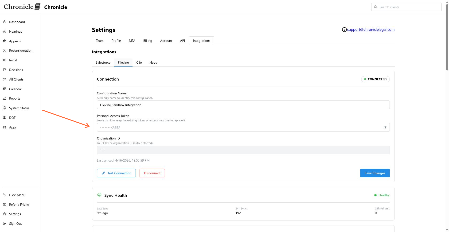 Filevine integration settings in Chronicle showing the Personal Access Token field