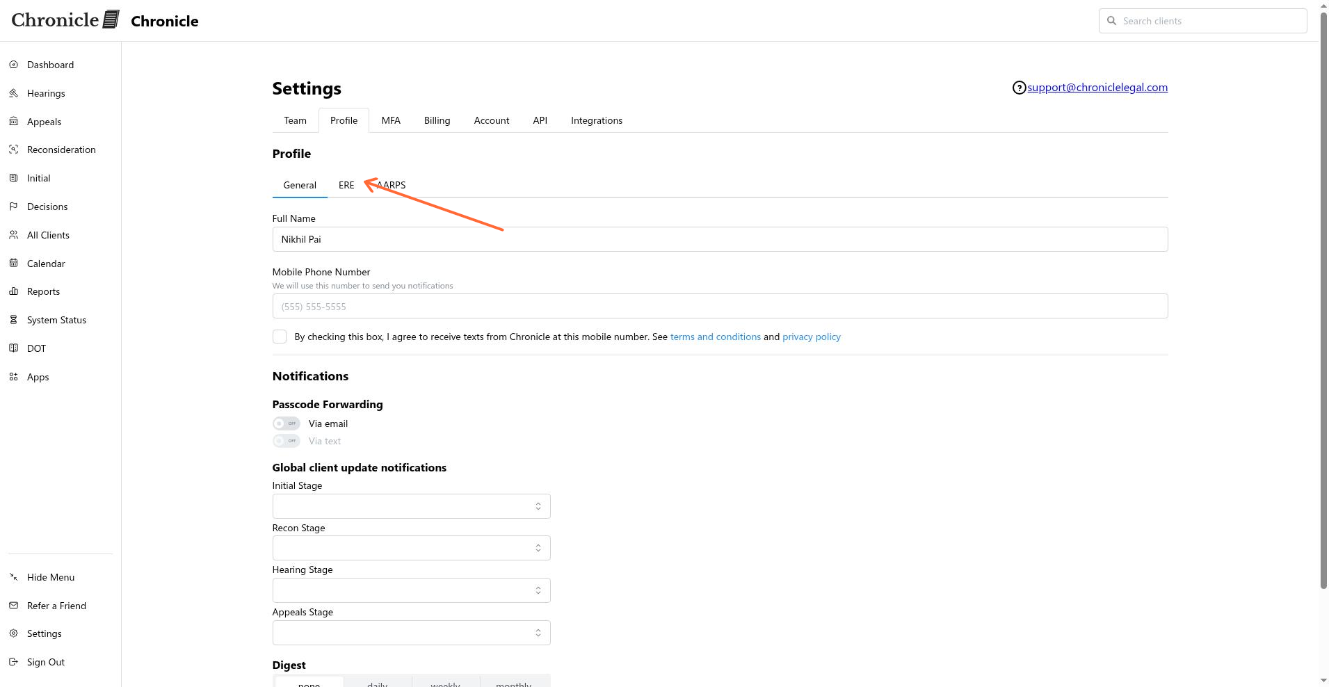 Profile settings page with the ERE tab highlighted