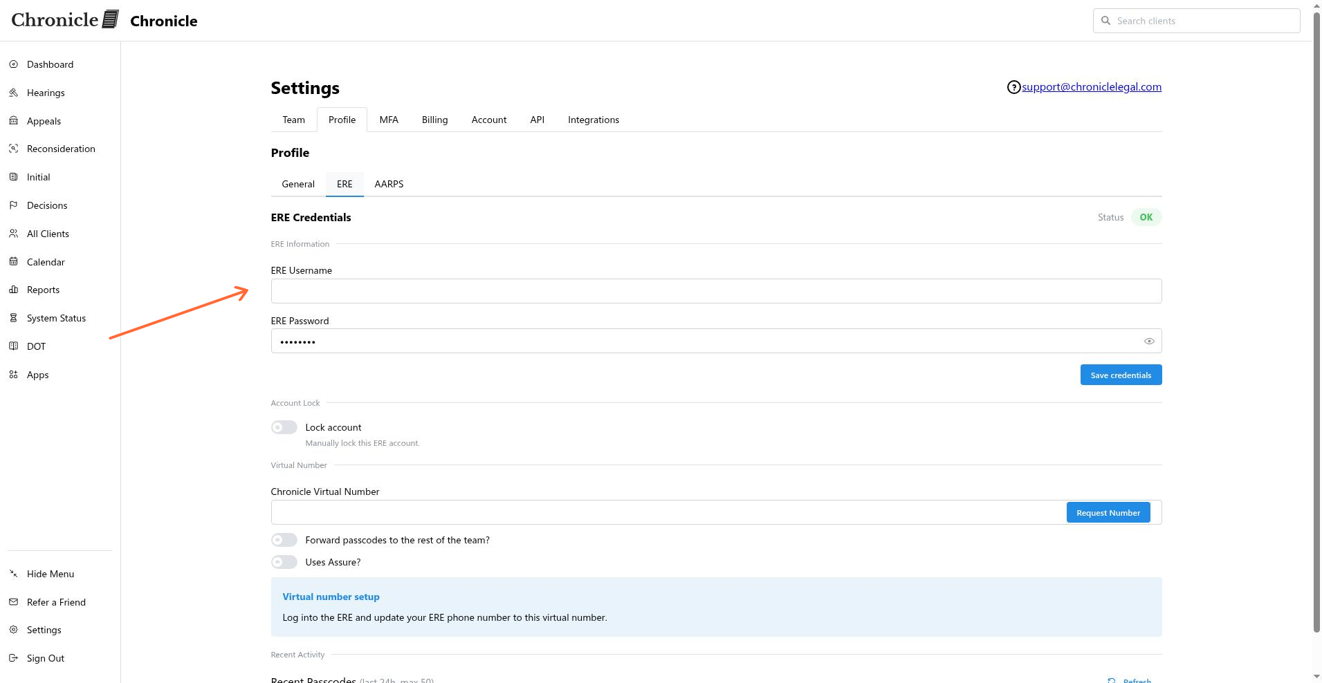 ERE Username input field on the ERE credentials tab
