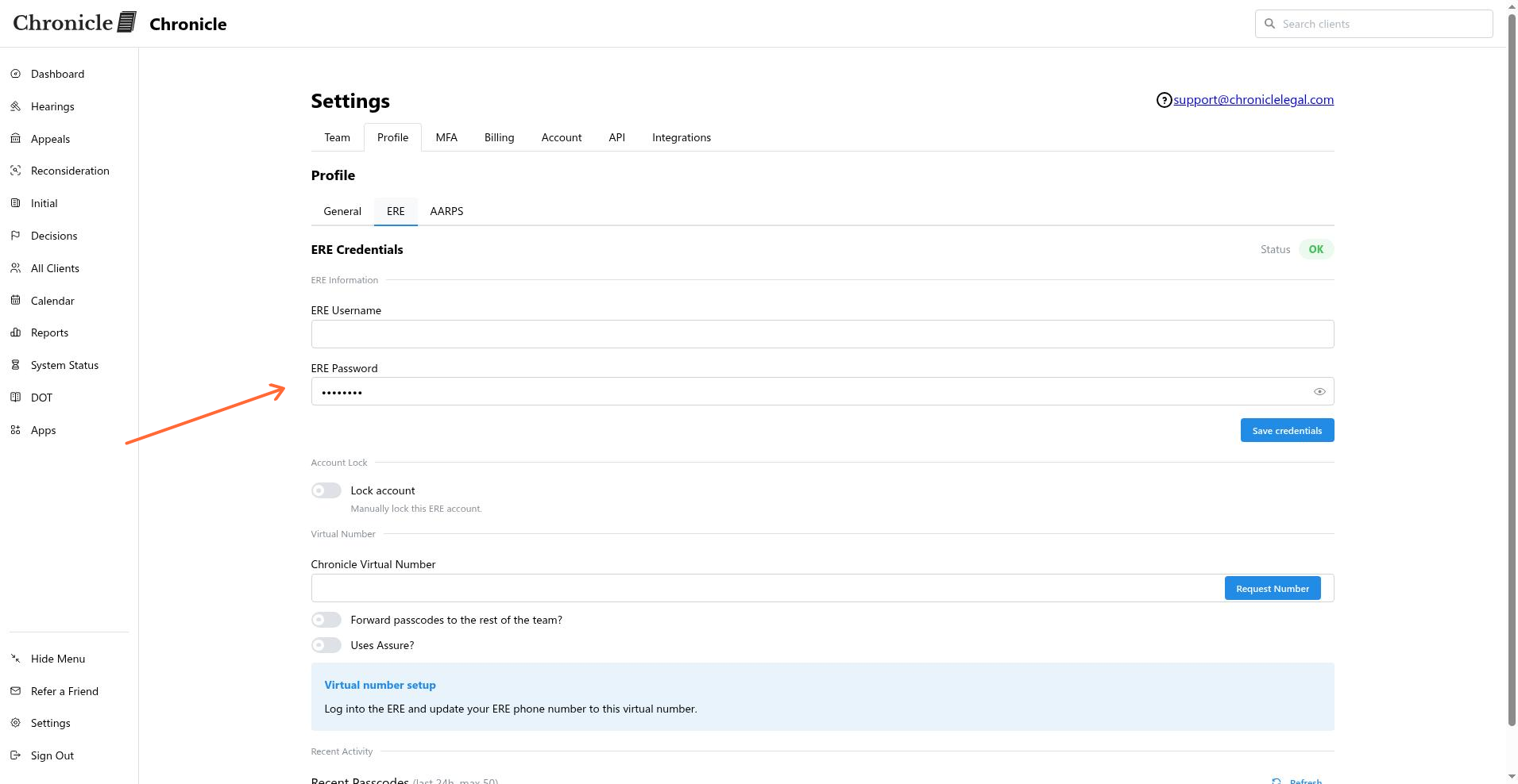 ERE Password input field on the ERE credentials tab