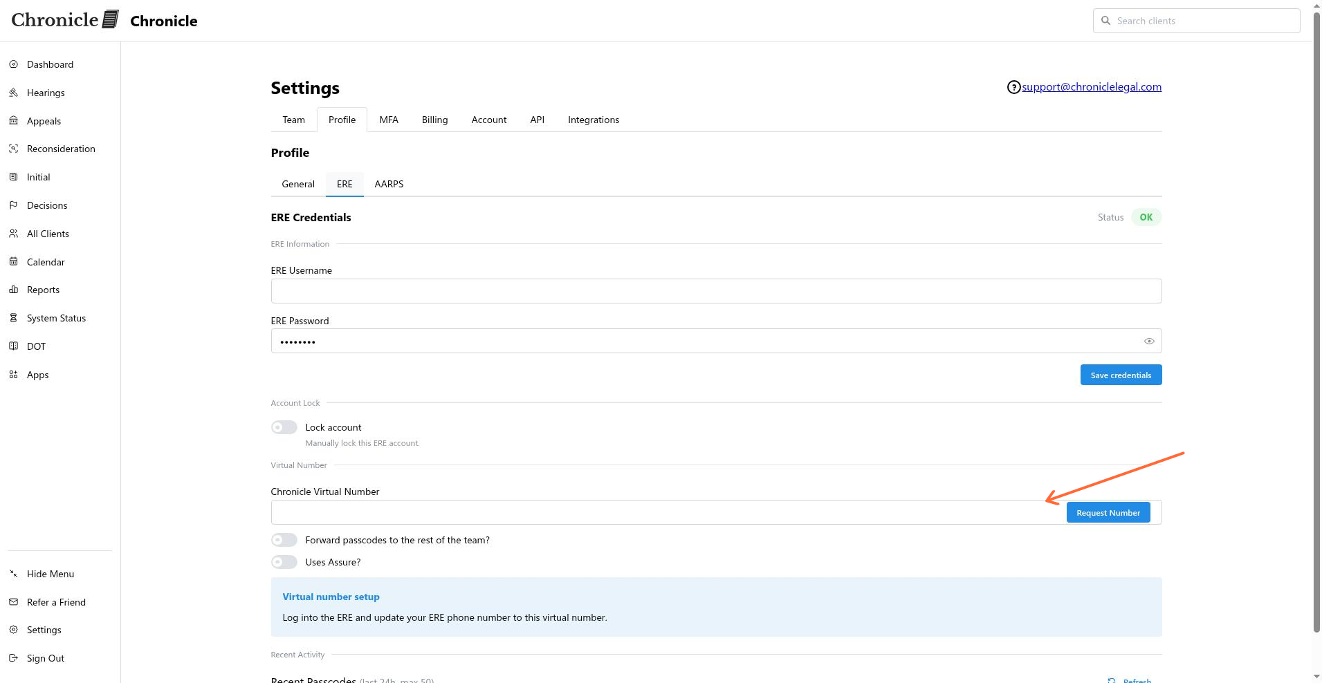 Chronicle Virtual Number field on the ERE credentials tab