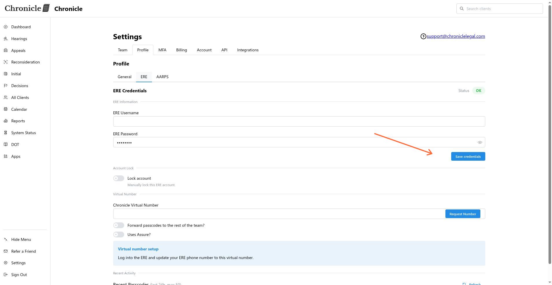Save credentials button on the ERE credentials tab