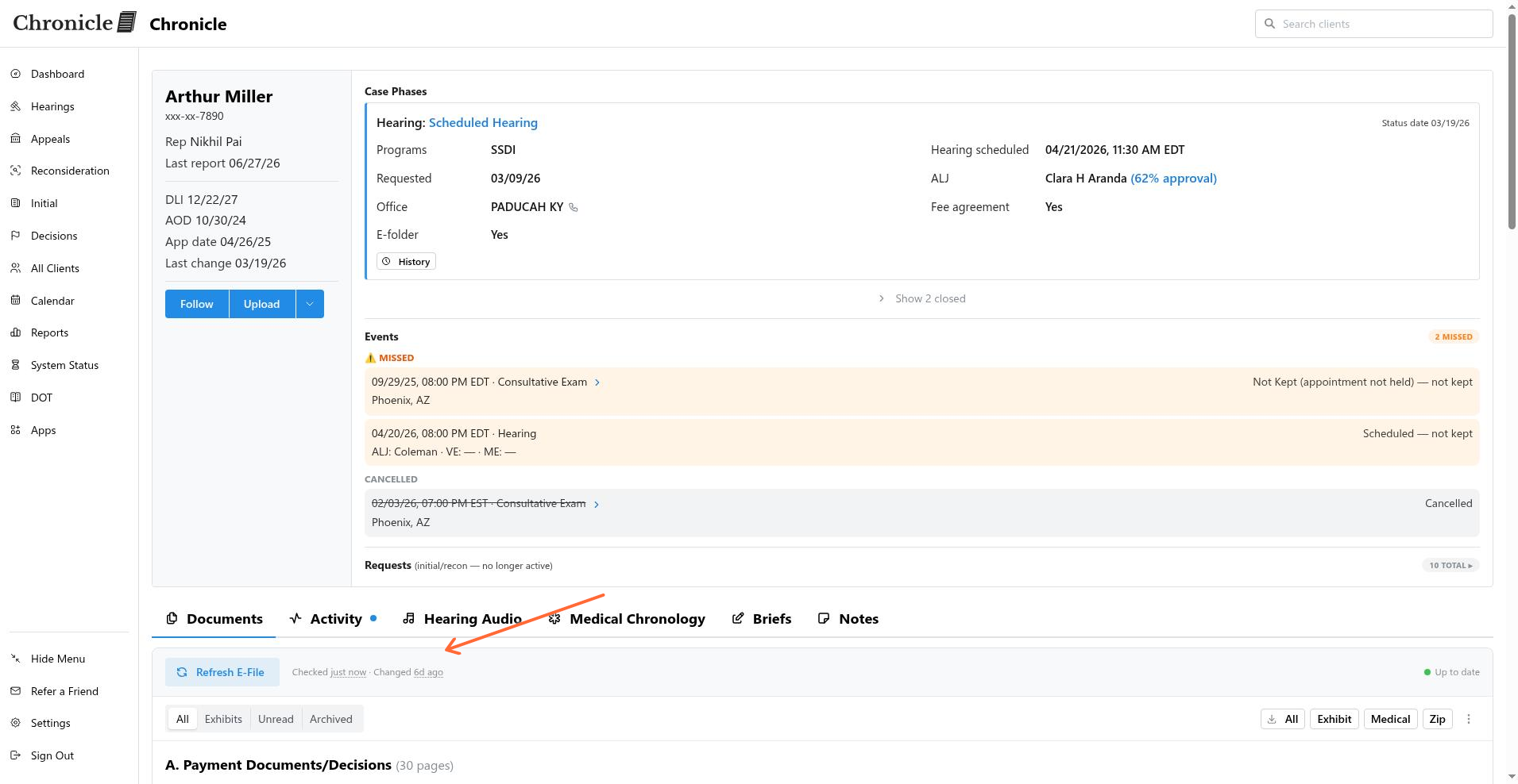 Client Documents tab showing Checked just now and Changed 6d ago