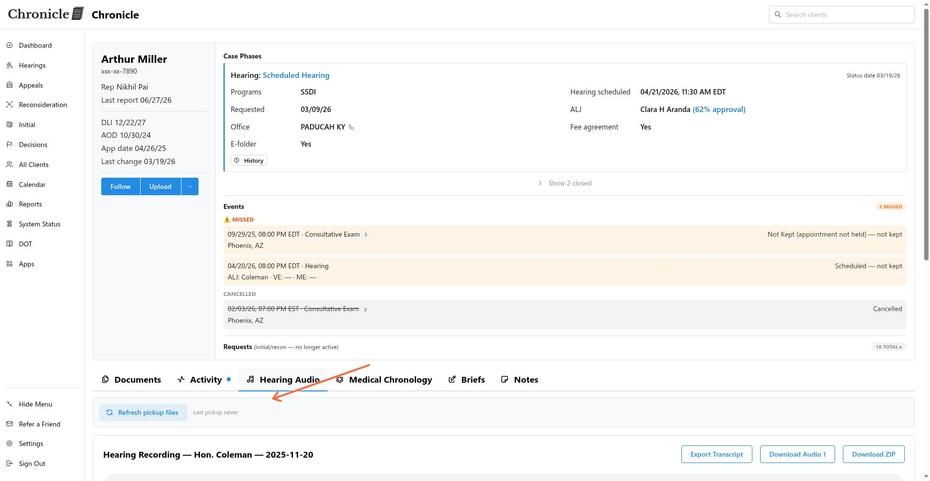 Client Hearing Audio tab showing Last pickup never below Refresh pickup files