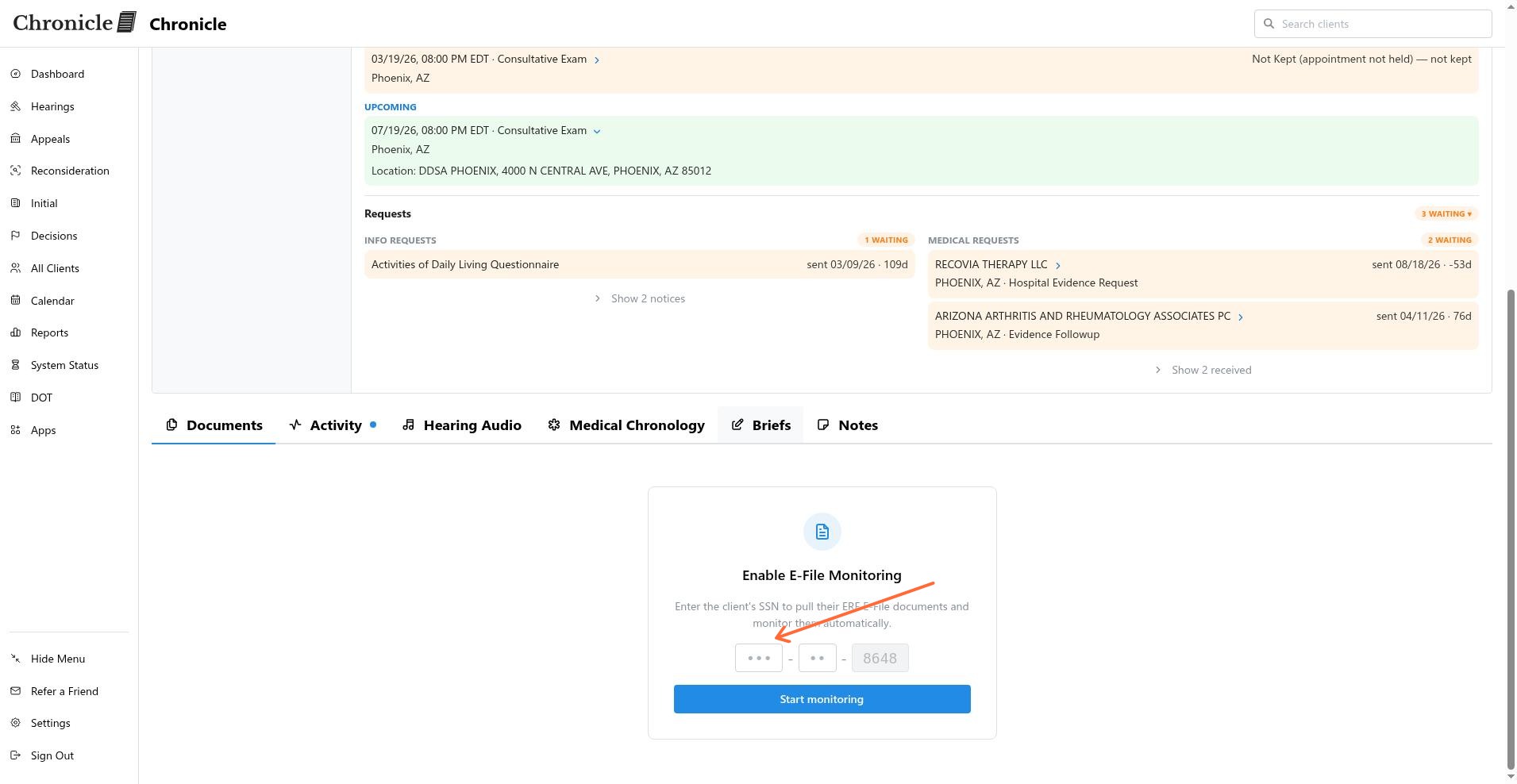 Enable E-File Monitoring card showing SSN input fields and Start monitoring button