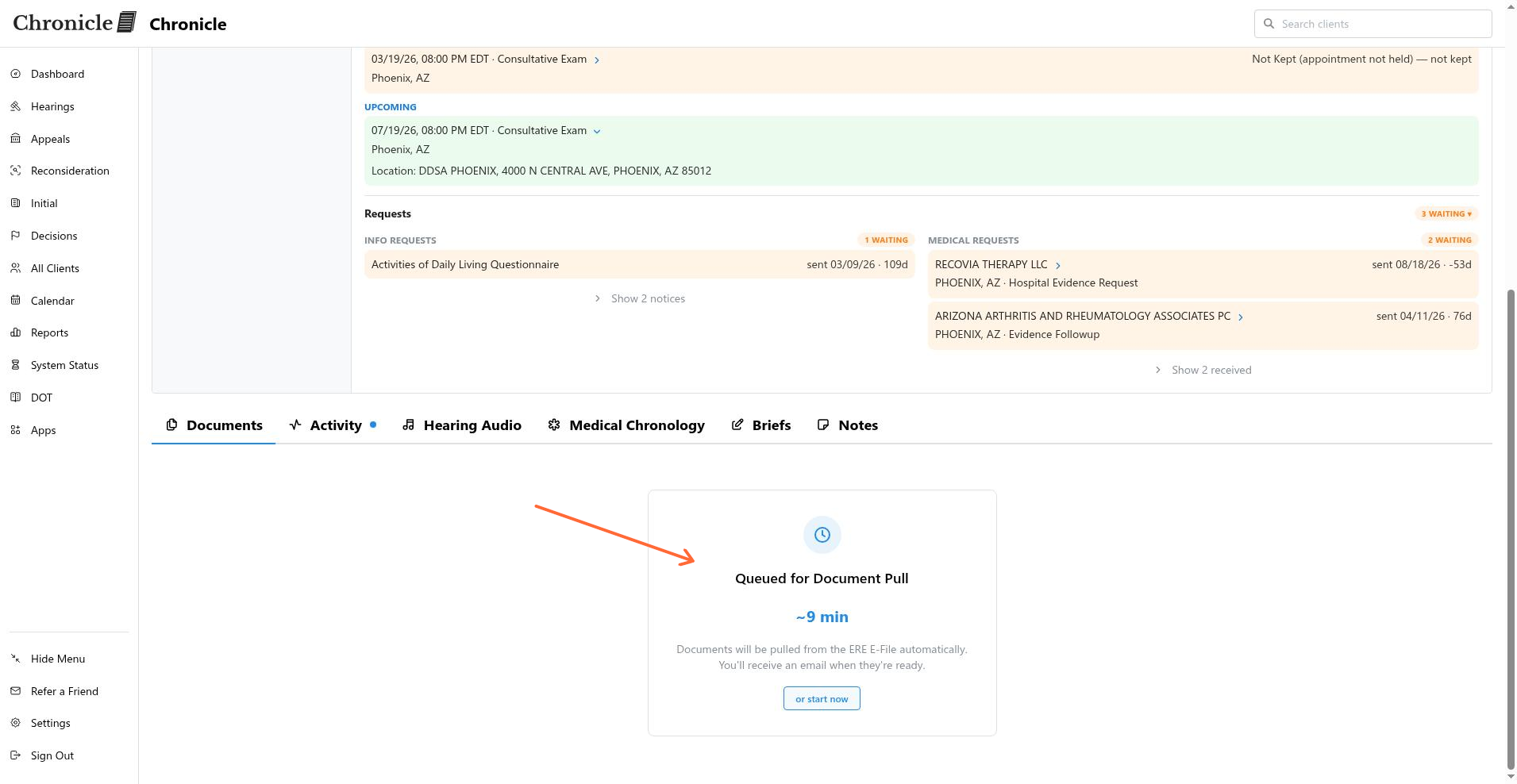 Queued for Document Pull status with or start now link