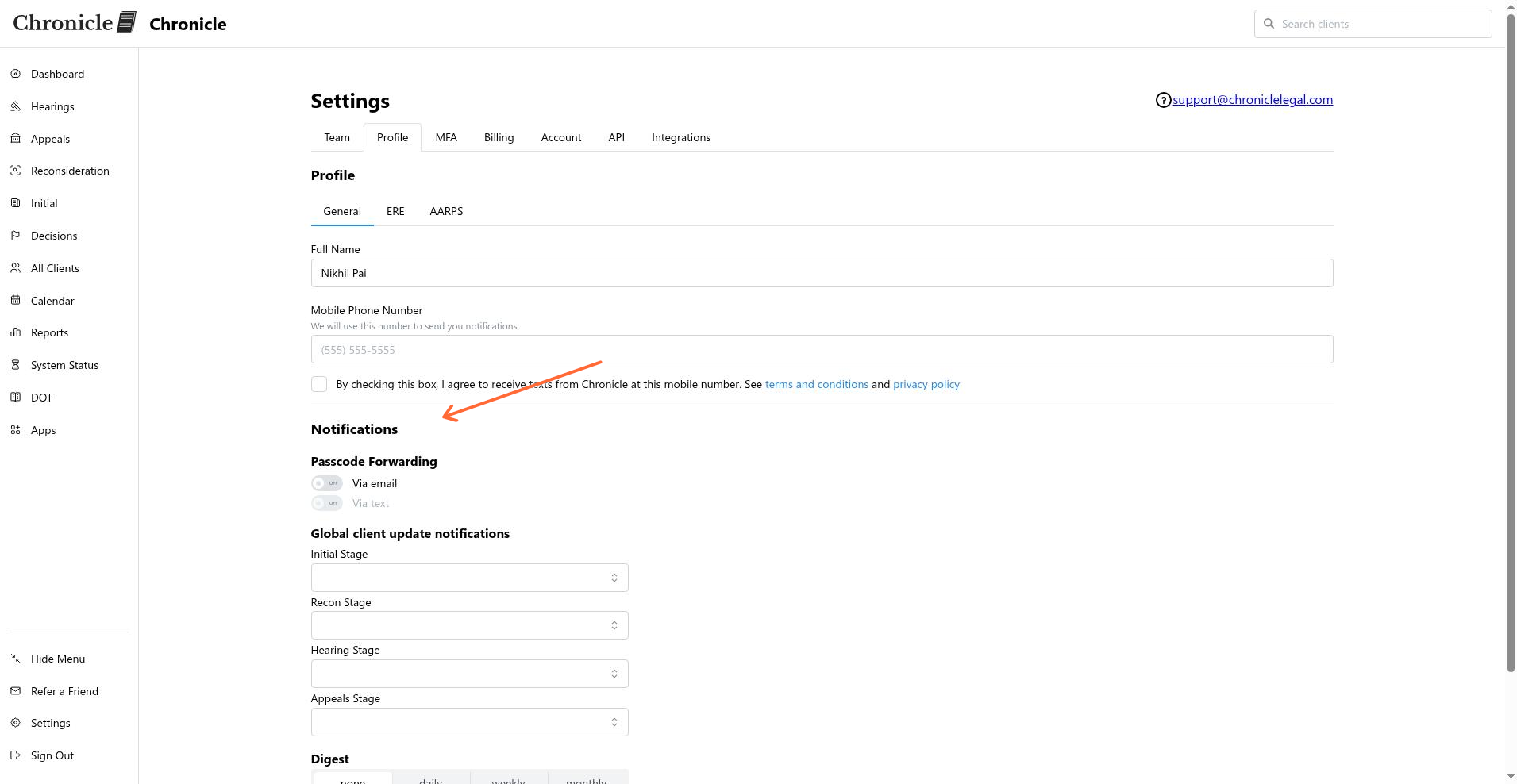Notifications settings on the Profile tab showing Passcode Forwarding, Global client update notifications, and Digest sections
