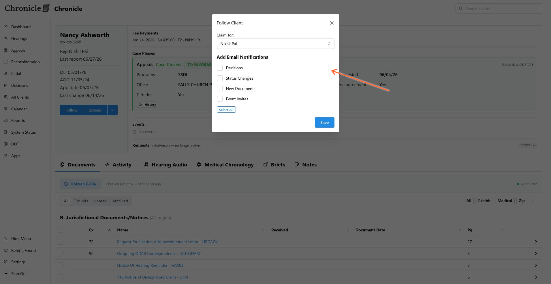 Follow Client modal showing Add Email Notifications checkboxes for Decisions, Status Changes, New Documents, and Event Invites