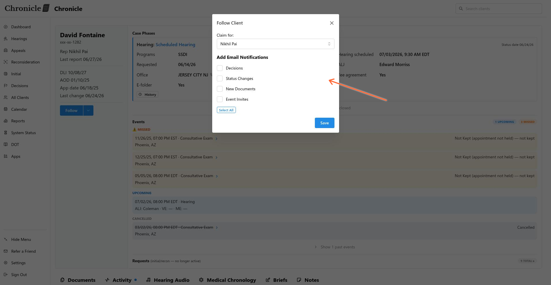 Follow Client modal showing notification checkboxes
