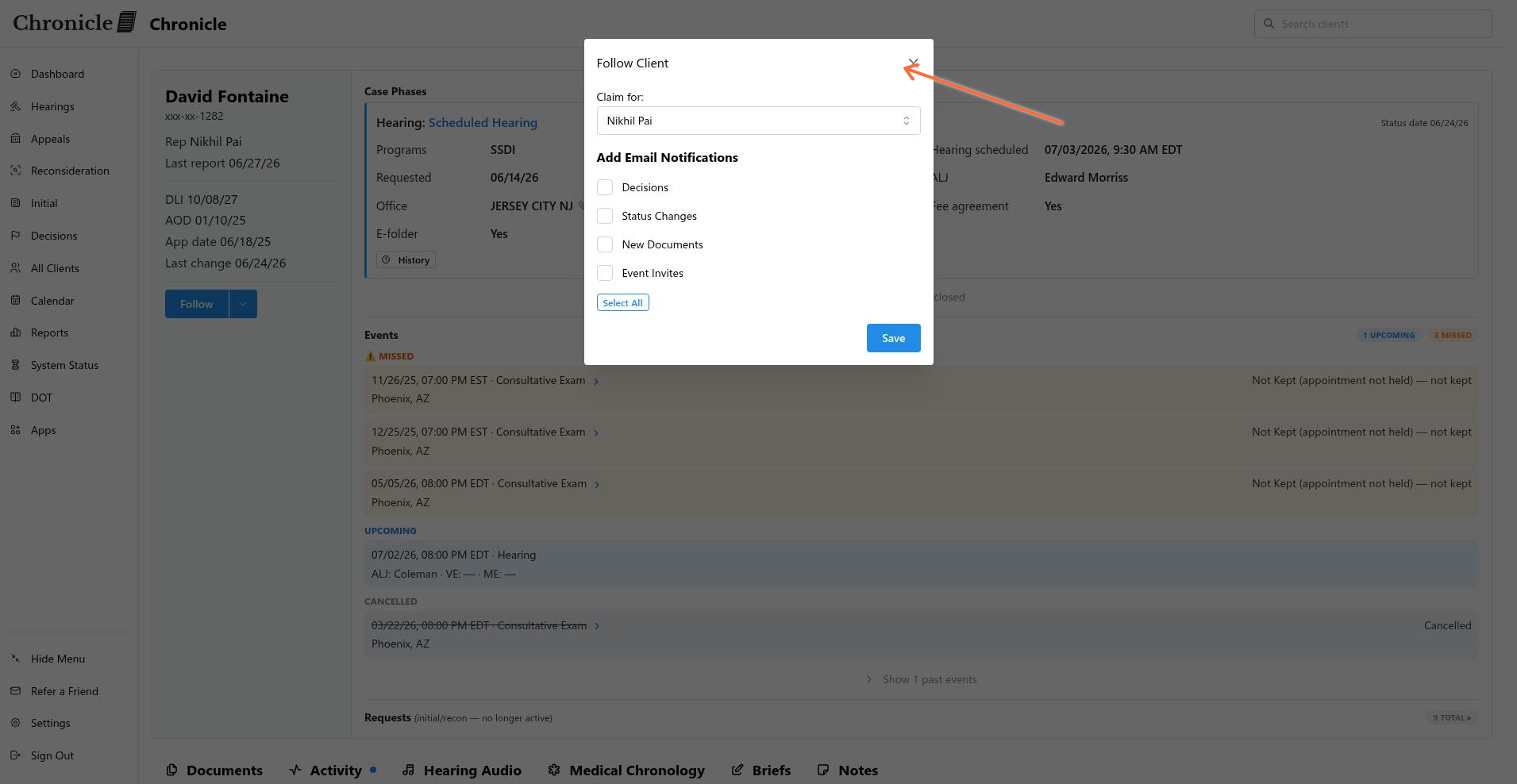 Follow Client modal showing the Claim for dropdown