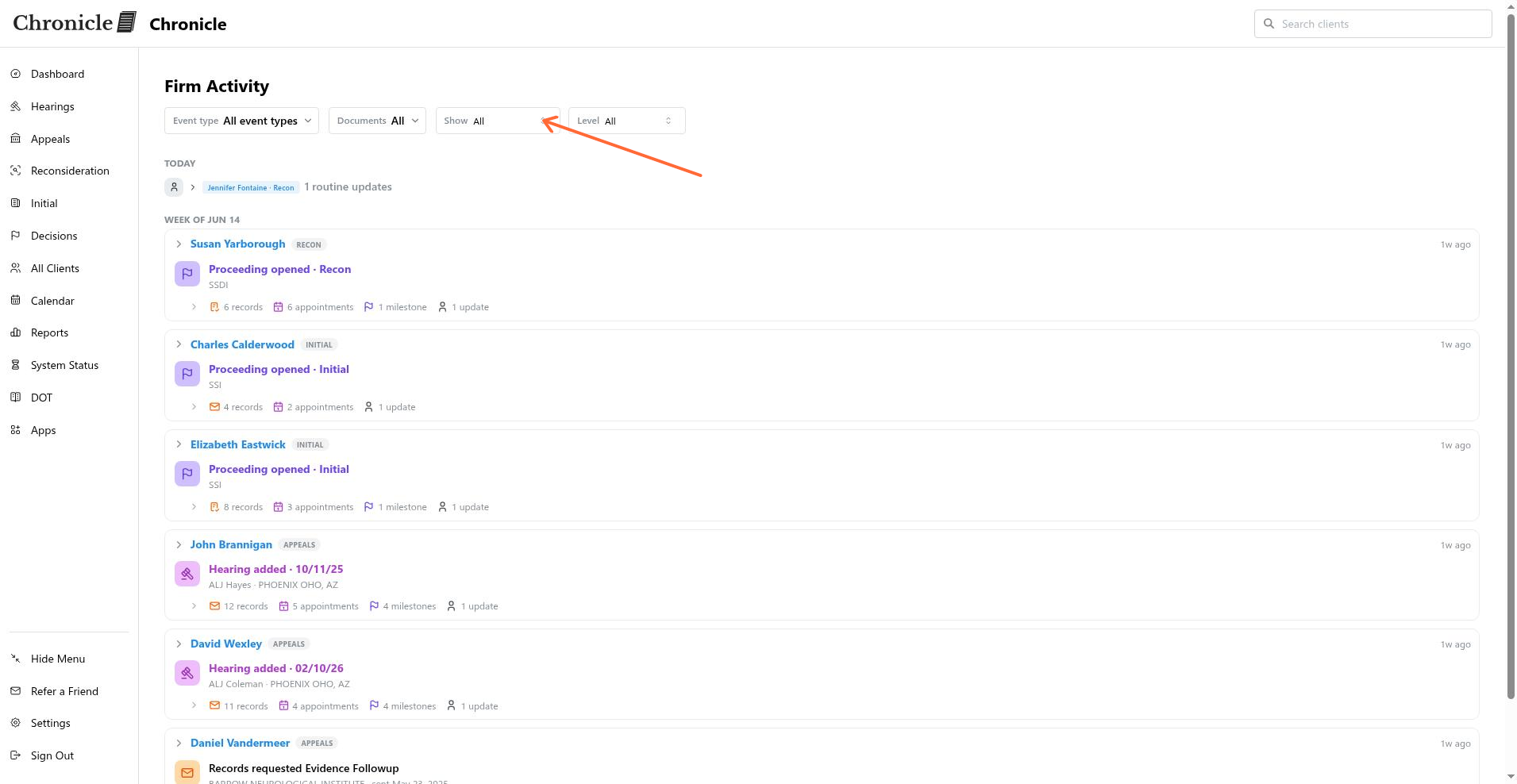 Firm Activity feed filter bar showing the Show selector