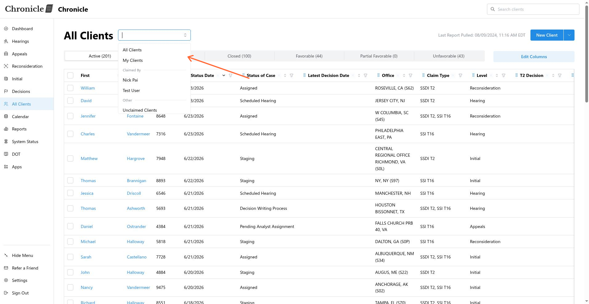 Client list filter dropdown showing My Clients option