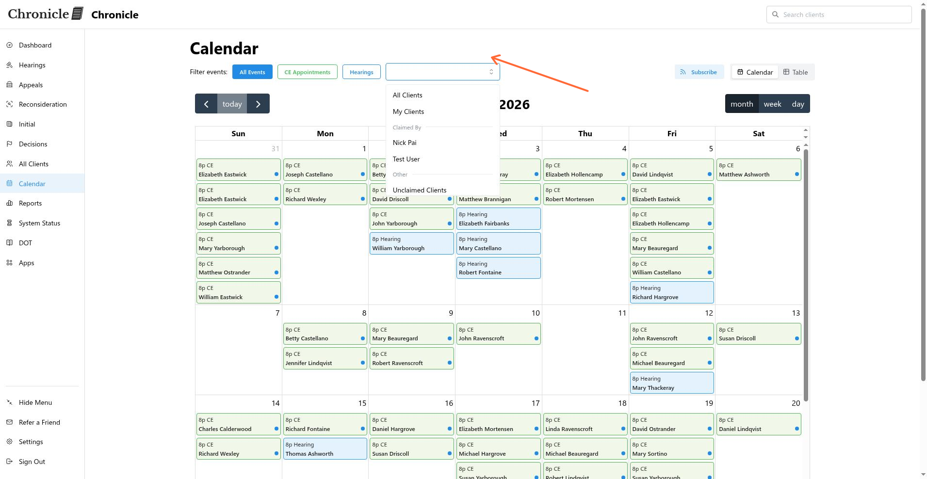 Calendar filter dropdown showing My Clients option