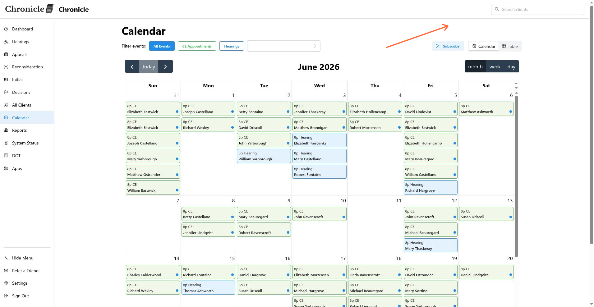 Calendar page showing the filter buttons All Events, CE Appointments, and Hearings, with the Calendar and Table view toggle and the Subscribe button highlighted