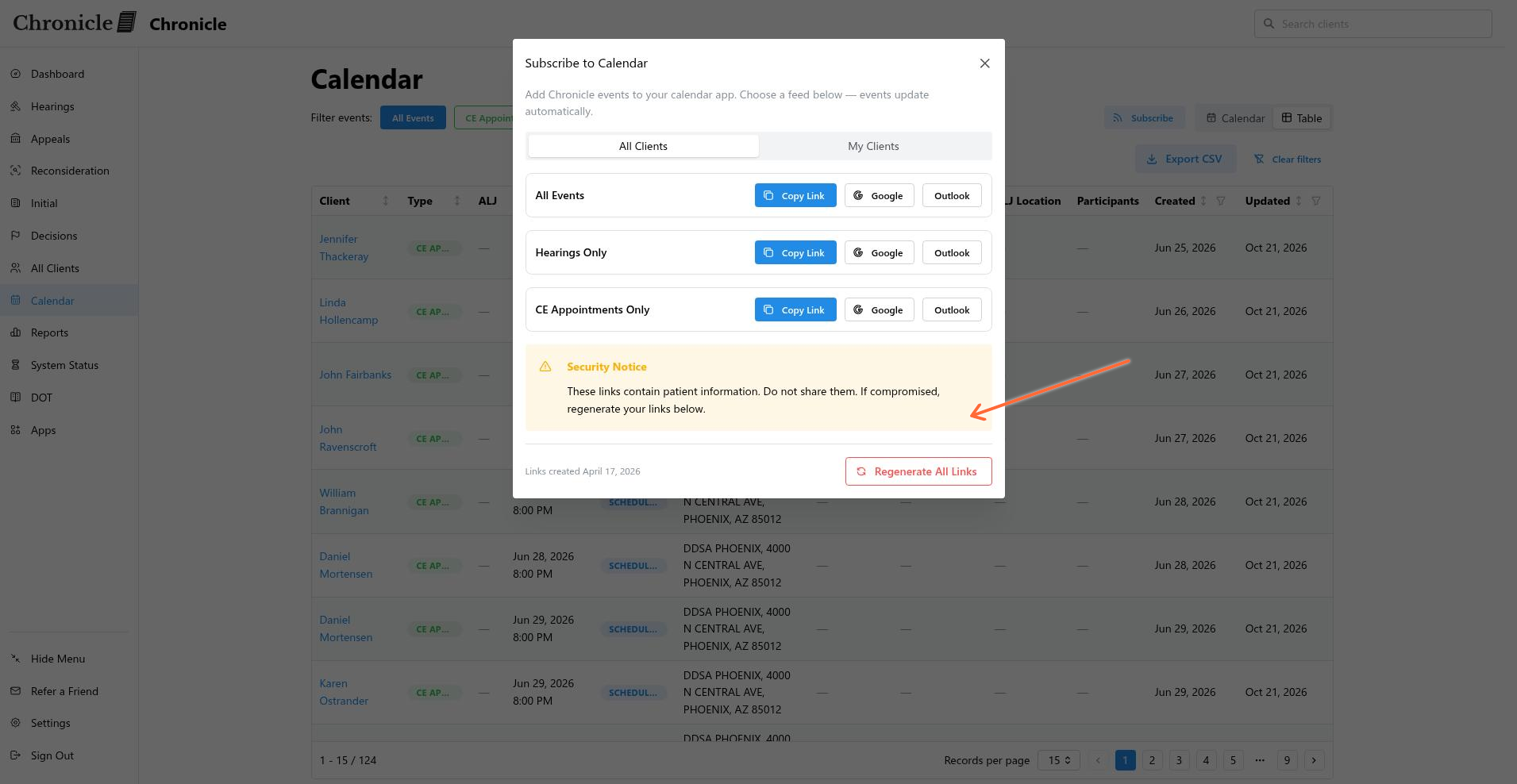 Subscribe to Calendar modal showing All Events, Hearings Only, and CE Appointments Only feeds with Copy Link buttons and Regenerate All Links button