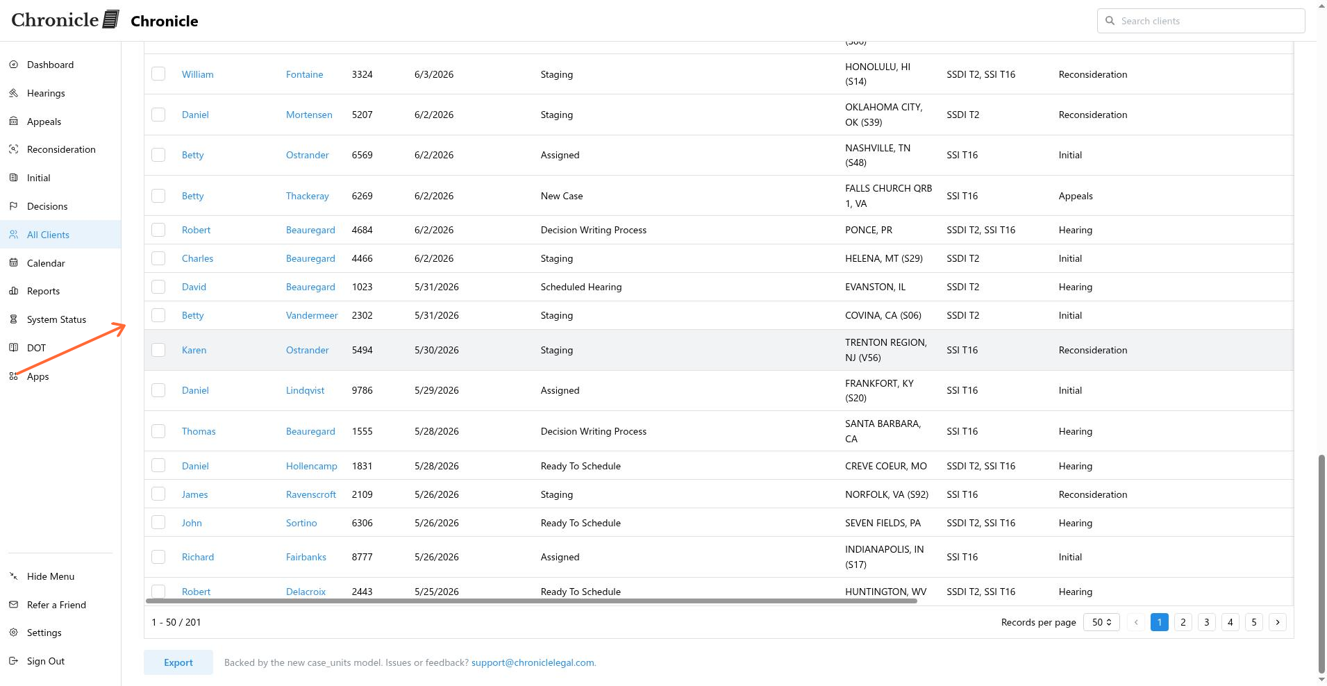 Case list table overview showing columns, Edit Columns button, and Export button