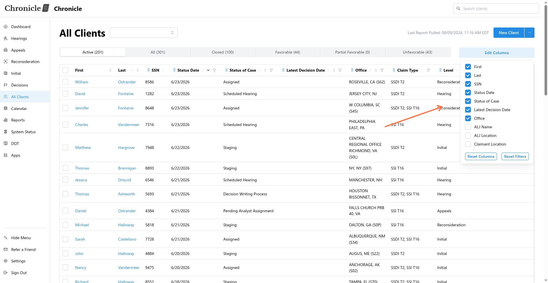 Edit Columns picker showing checkboxes for each column